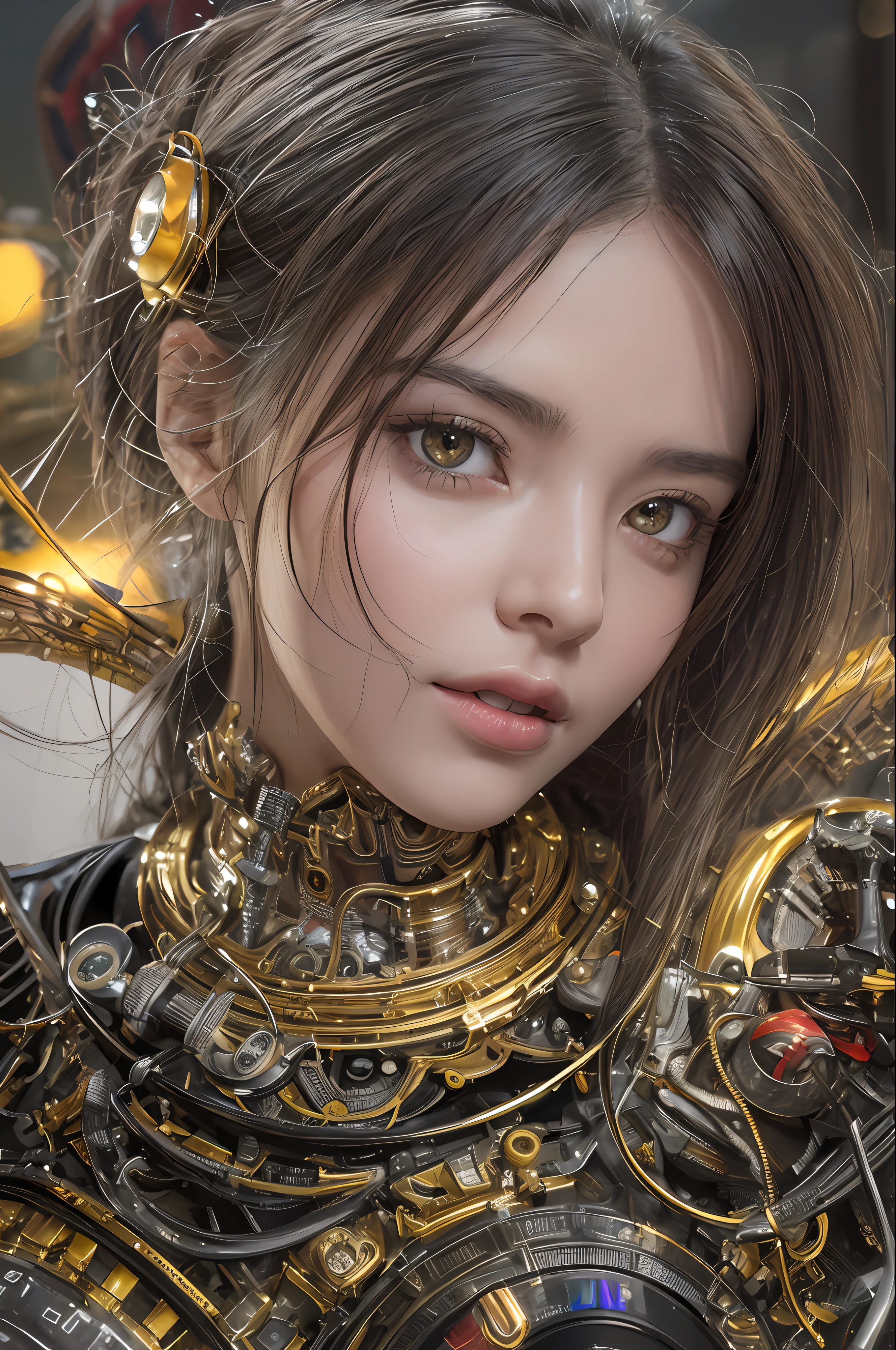 Top Quality, Masterpiece, Ultra High Resolution, (Photorealistic: 1.4), Raw Photo, 1 Girl, Black Hair, Glossy Skin, 1 Mechanical Girl, (Ultra Realistic Details)), Portrait, Global Illumination, Shadows, Octane Rendering, 8K, Ultra Sharp, Big, Cleavage Exposed Raw Skin, Metal, Intricate Ornament Details, Egyptian Details, Matsumoto meter, meter, vacuum tube, nixie tube, oil pressure gauge, glass tube, analog meter, gear, gear, golden hydraulic cylinder, very intricate detail, realistic light, CGSoation trend, purple eyes, glowing eyes, facing the camera, neon details, mechanical limbs, blood vessels connected to the tube, mechanical vertebrae attached to the back, mechanical cervical attachment to the neck, sitting, wires and cables connecting to the head, a powered suit, a small LED lamp,