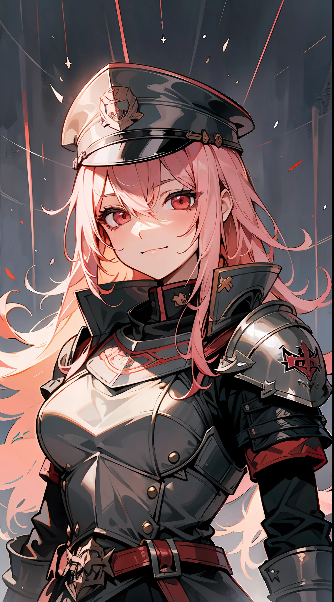 1girl, solo, pink hair, red eyes, black armor, german military uniform, world war 2, knight, evil smile, dark sky, thunderstorm, pose, SS symbol on armor, tall, imposing, SS symbol