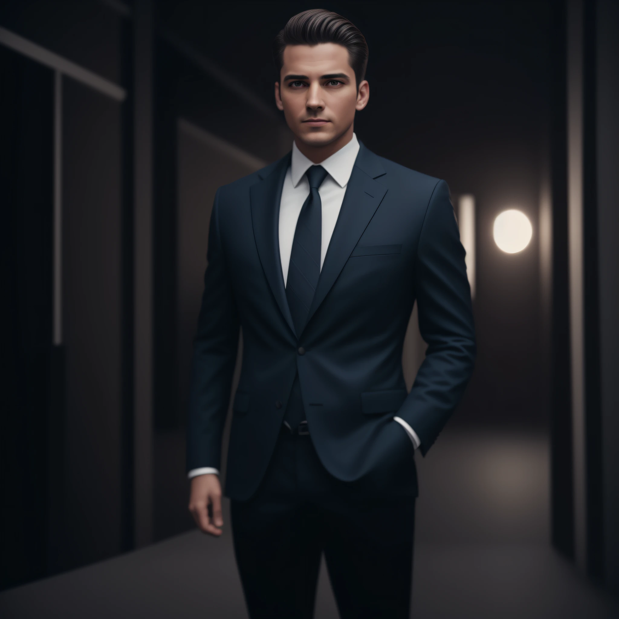 a Man standing with 30 years in suit and tie, body and head straight in the photo, DSRL, facing the viewer of the photo, eyes fixed to the lens, appears shoulders and head in the photo, man centered in the photo, 8k, best quality, masterpiece, realistic, realistic photo, movie photo, ultra realistic, 1 person, detailed, Perfect lighting, DSRL, professional photo, 4k --auto --s2