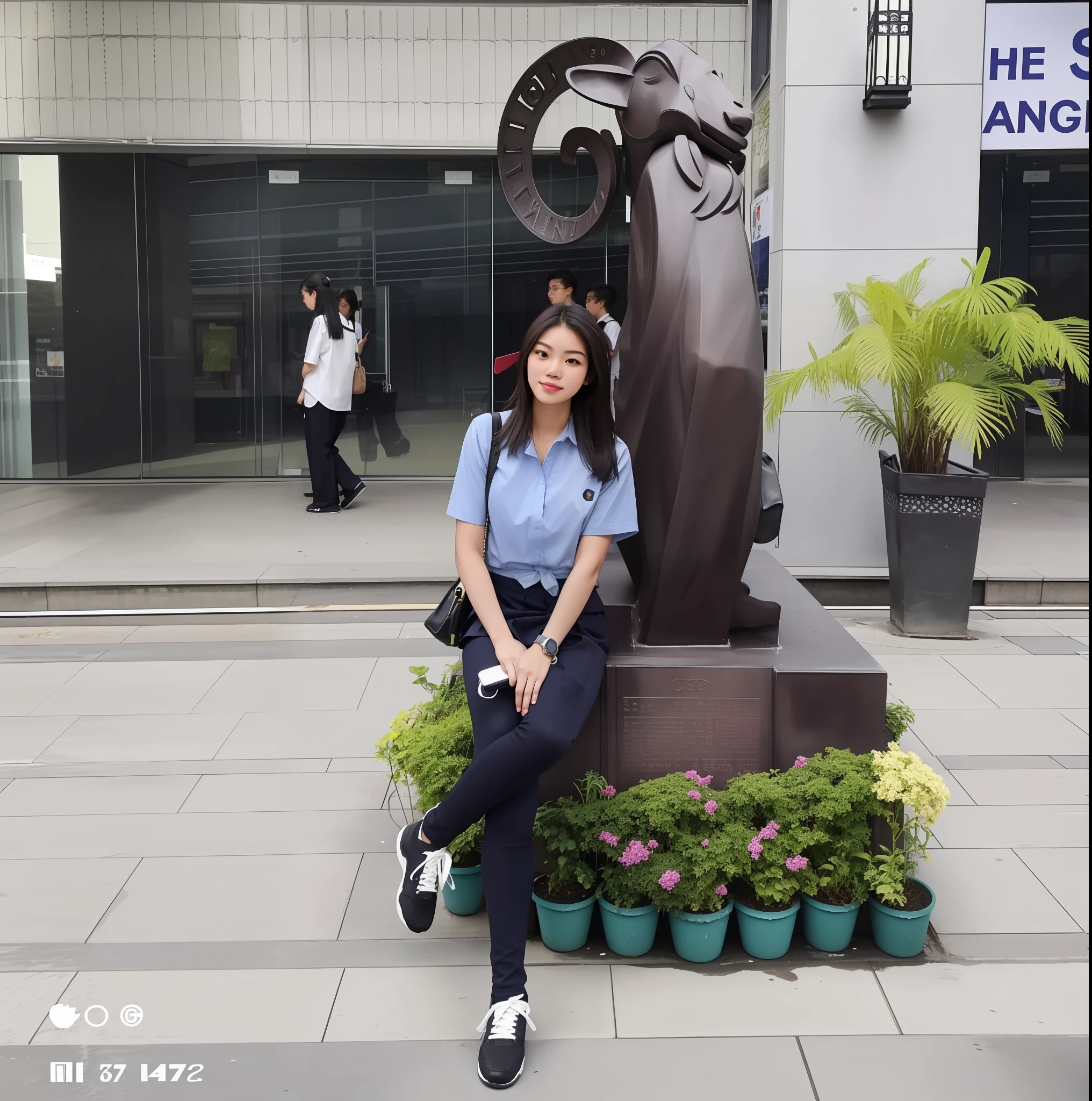 there is a woman sitting on a bench next to a statue, at college, cindy avelino, standing in a city center, in the background, selfie shot straight on angle, in city street, captured on iphone, smooth in _ the background, wearing school uniform, taken with the best dlsr camera, in the city, in a mall, with a cool pose