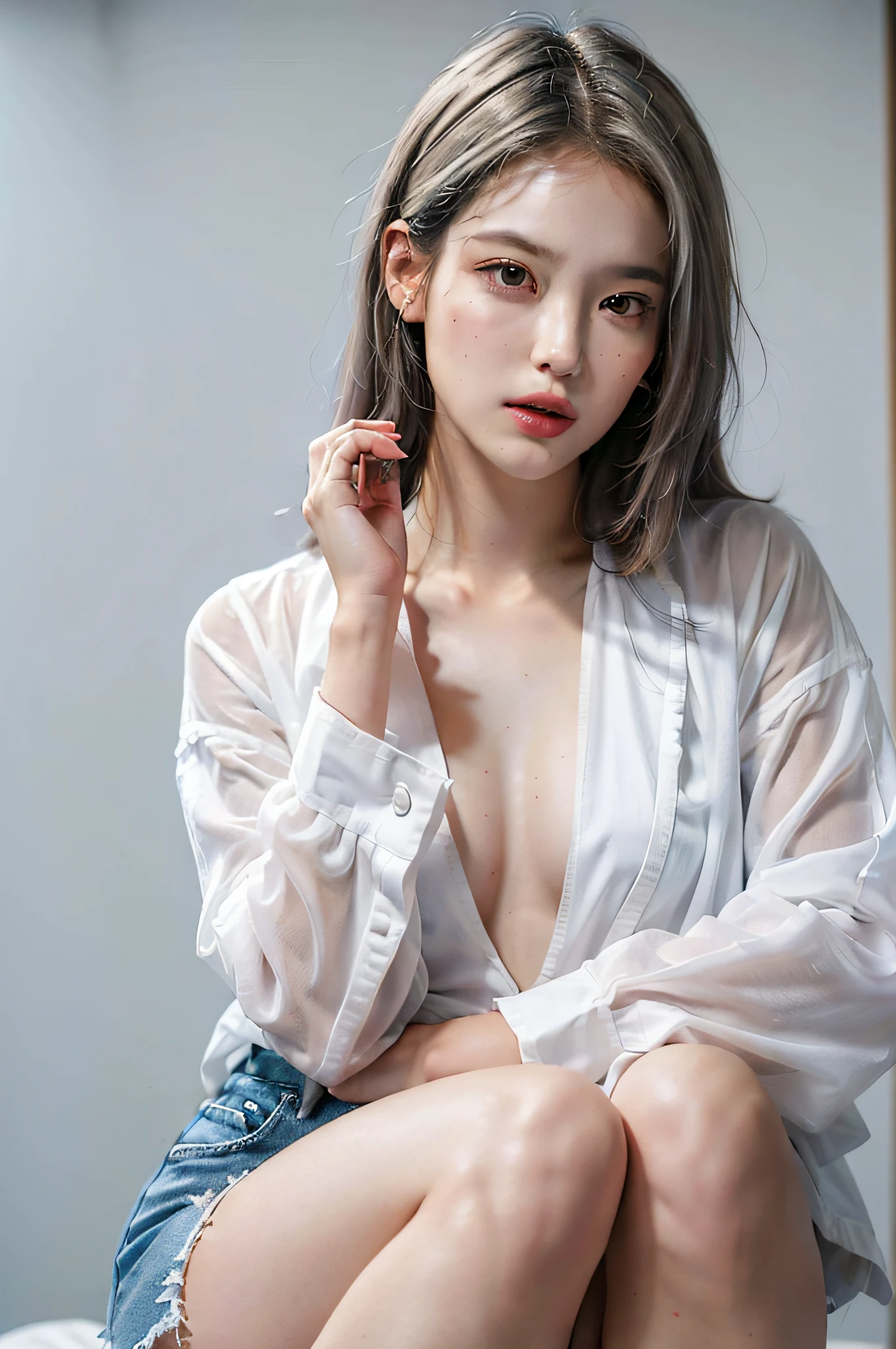 1 Girl, Solo, Displacement, Clear Raincoat, White Hair, Red Eyes, (Southern Half Chest: 1.3), Southern Hemisphere, Open Clothes, Bare Belly Navel, City, Red Vest, White Jacket, Black Shorts, Beautiful, Soft Light, Hand Rubbing Chest, Suspenders, Studies, Bokeh, Red Beam, Beautiful Eyes, Blush, No Makeup, Perfect Face, Golden Ratio, Smoke, (((Masterpiece)), ((Best Quality)), Super Quality, Official Art, Extremely Detailed CG Unity 8k wallpaper, Highly detailed, (super fine illustration), high resolution, (super detailed), detailed face, perfect face, perfect eyes, (extremely delicate and beautiful), stunning art, beautiful, high resolution, fine fabric emphasis, HD, 1 girl, solo, full body, (lower chest), (knee bent), (idol), platinum blonde, (heart in the eyes), (white knee thigh), transparent jacket, sticker,