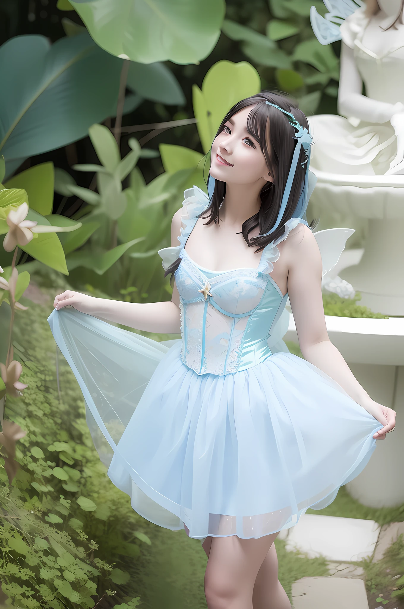 there is a young girl in a blue dress posing for a picture, smiling as a queen of fairies, pale blue, belle delphine, ethereal fairytale, fairycore, style of magical girl, sky blue, cyan corset, pastel blue, kawaii playful pose of a dancer, blue corset, faerie, pale blue skin, fairy, astral fairy, rin, dreamy soft