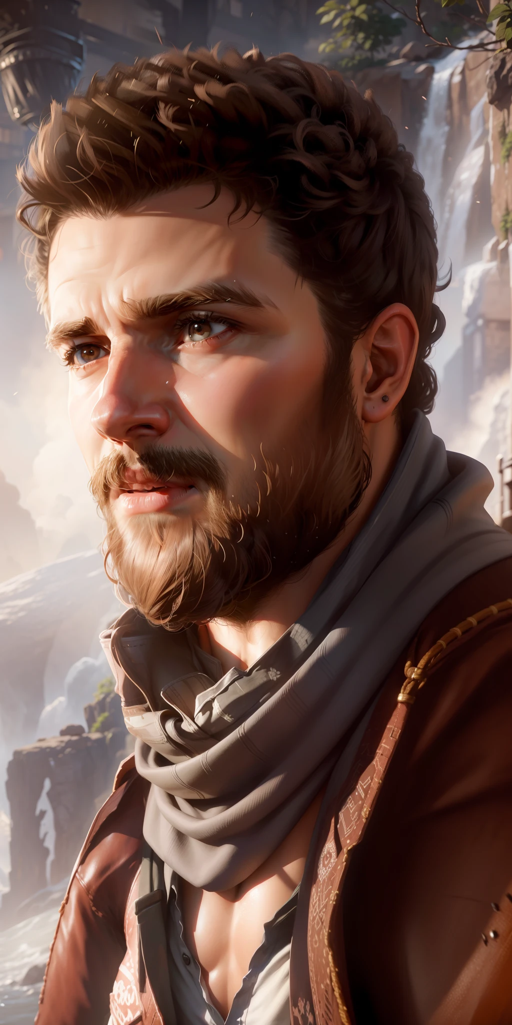 Put on an uncharted style scarf, continue the hair on the back of the head. Ultra realistic, 4k, cinematic, dramatic.