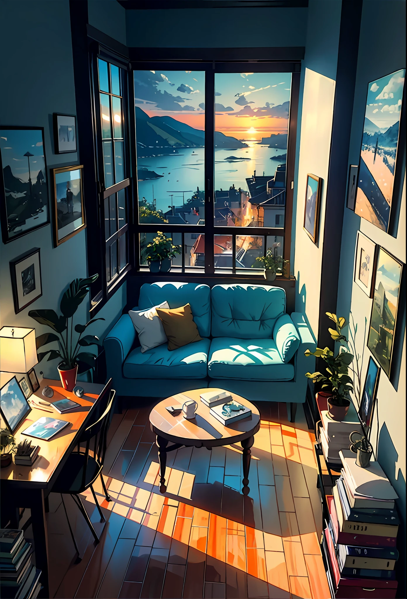Studio apartment, huge room, Cozy artist's studio, easel, color palette, acrylic paints, paintings, large windows, loggia, art, awards, table, sofa, armchairs, mirror, crystals, meditation, harmony, many books on the walls, paintings on the walls, view from the window, sea, mountains, amazing sunset, flower arrangements, paints, brushes, artist's theme, elegant, dynamic bright lighting, happiness, full color, multicolored, artificial, higher detail, super quality, small details, highlights, neon lights, masterpiece, best colors