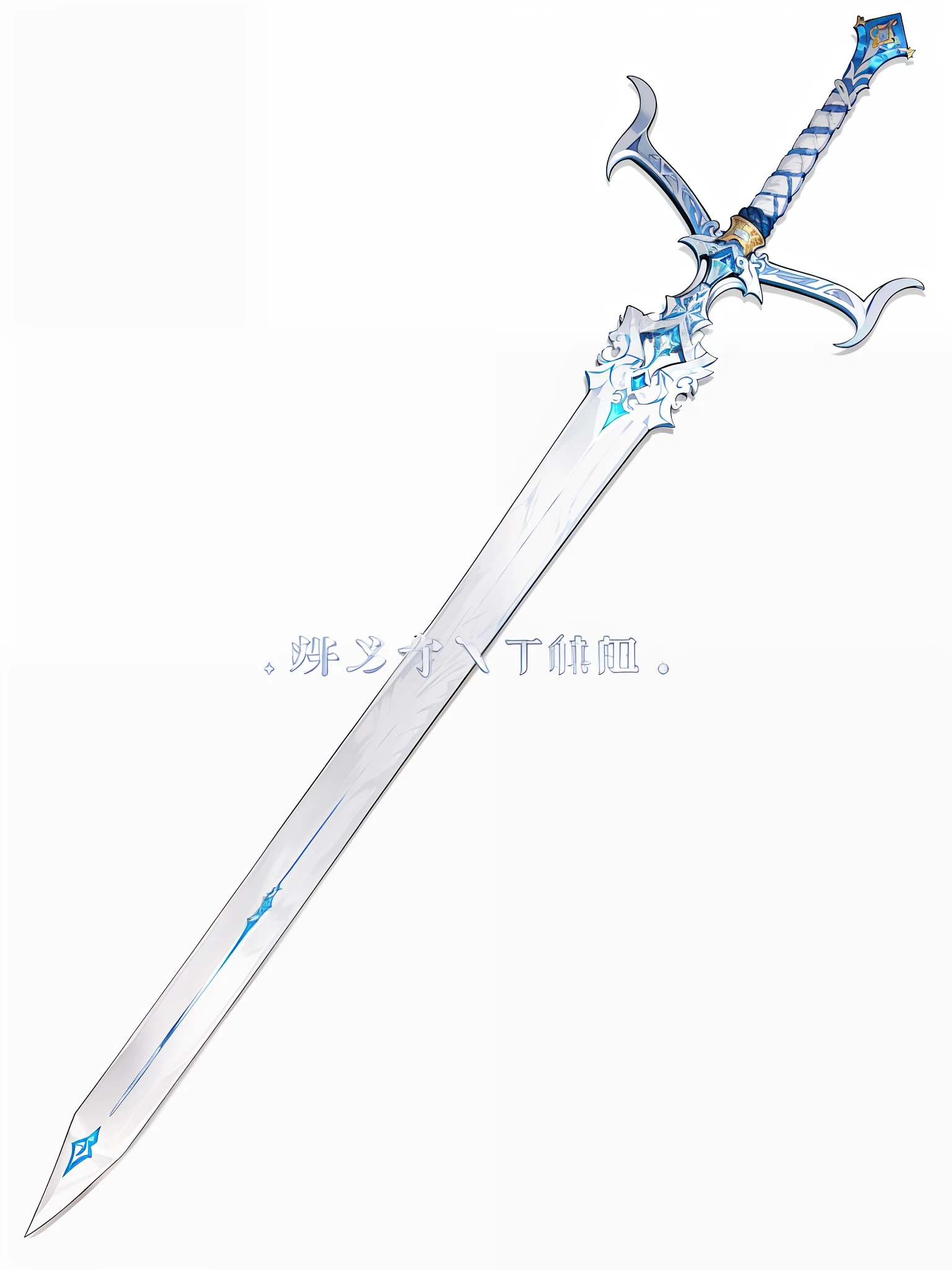 (long sword:1.2, divine, white, blue blade:1.1),(alone, no characters, only sword), standing on the ground, solitude, noble, powerful.