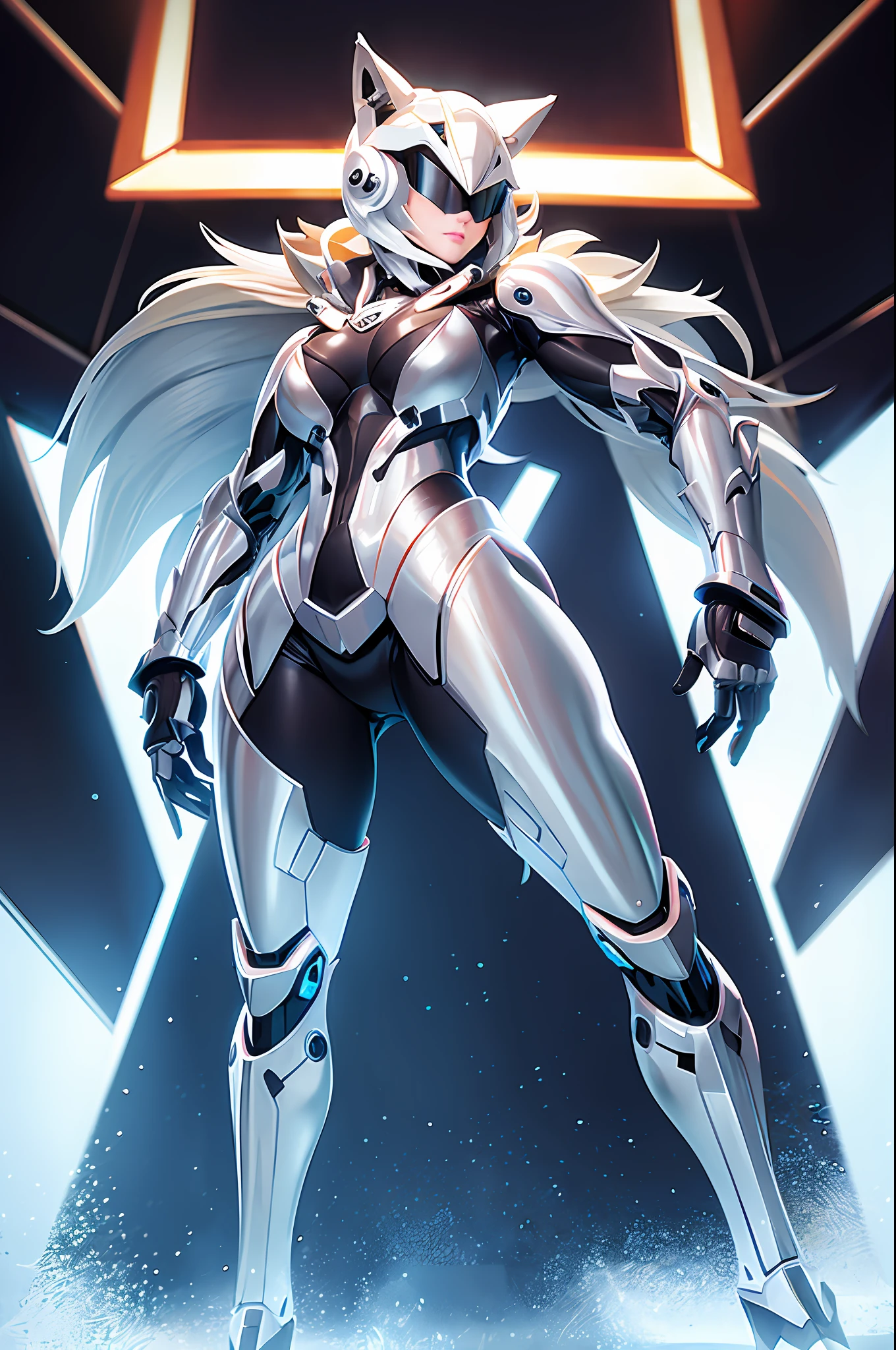 Blonde female woman wearing a full-body and Head wolf cybersuit, wolf mechsuit, full-body wolf-theme cyber armor, wolf helmet, cybersuit helmet, mechsuit helmet
