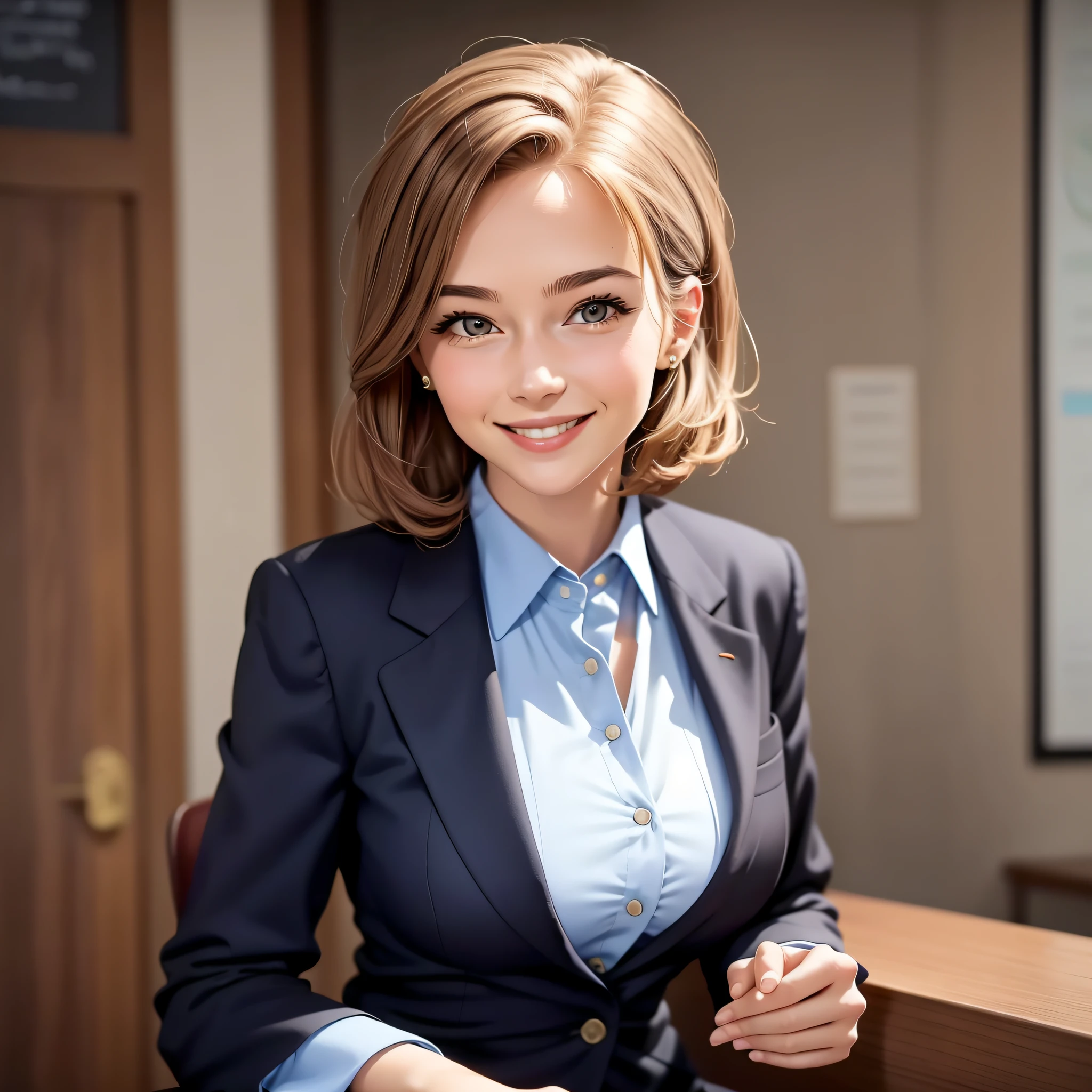 American female professor, 50s, suit, front, upper body, brown hair, smile