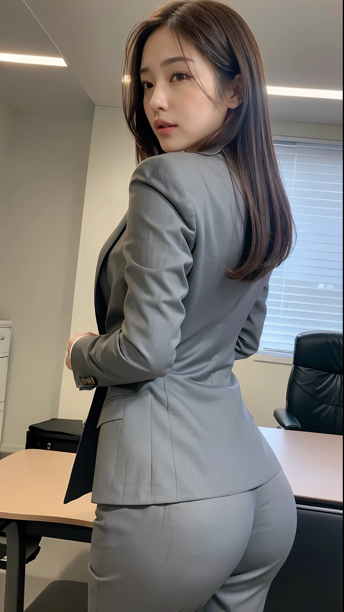 (Masterpiece:1.3), (8K, Photorealistic, RAW Photography, Best Quality: 1.4), Japan, Beautiful Face, (Realistic Face), (Medium Hair:1.3), Realistic Eyes, Beautiful Eyes, (Real Skin), Beautiful Skin, Attractive, Ultra High Definition, Ultra Realistic, High Definition, Beautiful Japan woman, grey suit, open jacket, office lady, suit, biting pants, from behind, office, desk, (sticking out buttocks: 1.2), detailed face, long hair, from below, glaring,