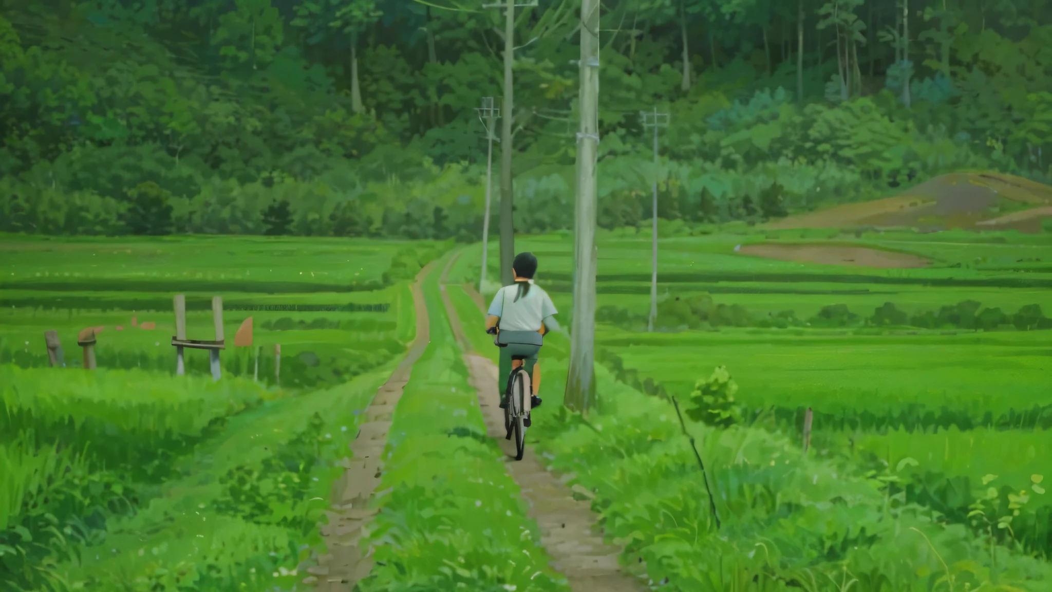 there is a person riding a bike down a dirt road, japan rural travel, rural japan, countryside in japan, japanese countryside, rice paddies, wide greenways, countryside, sasai ukon masanao, koto no ha no niwa, japanesse farmer, lofi feel, korean countryside, lofi, in the countryside, cycling!!, opening scene