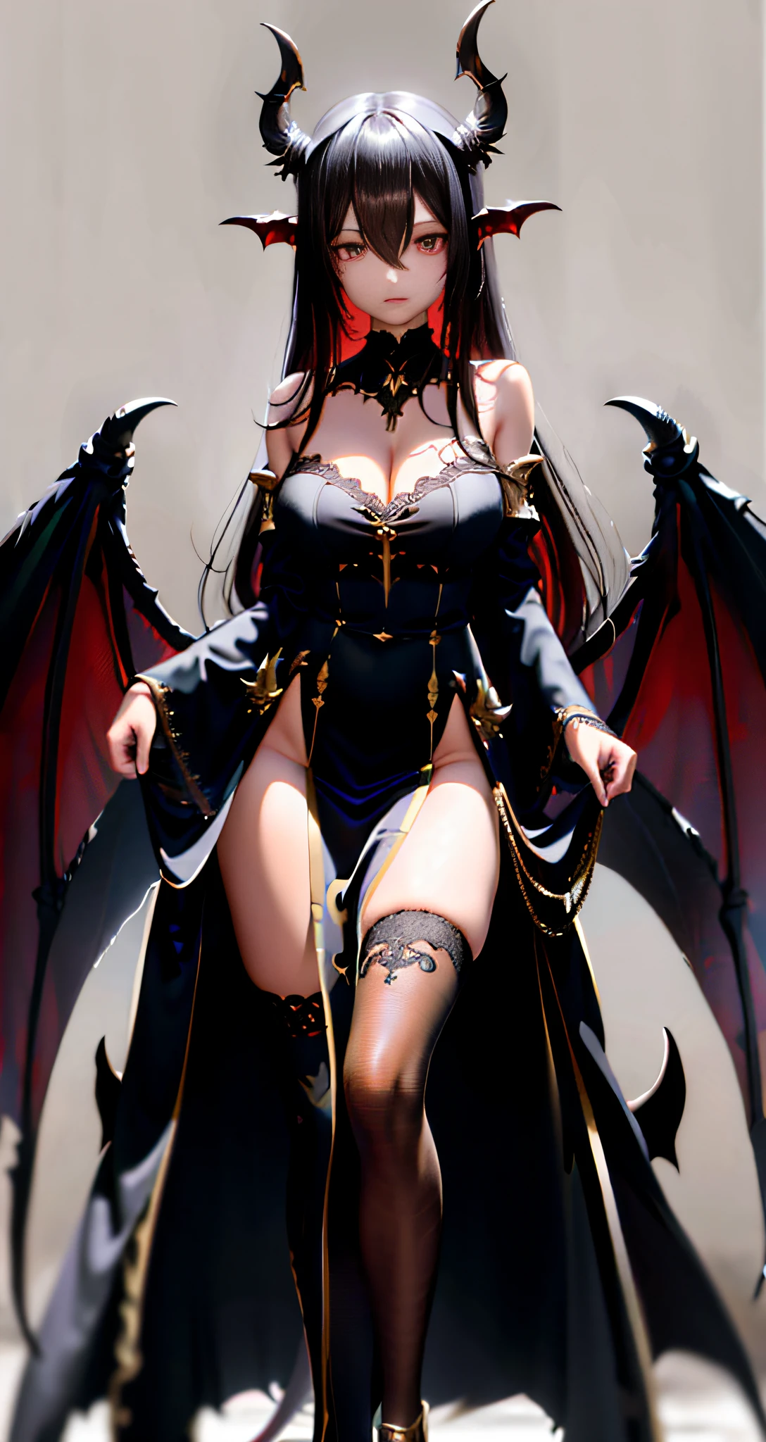 (8k, best quality, masterpiece:1.2),highres, original, extremely detailed wallpaper,1girl,solo,Red hair, yellow eyes,(long loose black revealing dress:1.1),bare shoulders,Black sleeve,looking at viewer,wings, thighhighs, tail, large breasts, demon wings,demon tail, bridal gauntlets, blue eyes, demon horns, demon girl,background, very long hair, black thighhighs, bangs, blush, parted lips, thighs,hair between eyes, gloves, sweat, skindentation,(intricate detailed,taut clothes, demon wings,hair ornament :1.2),(mature female:1.1),(detailed), light layer, lustrous skin,