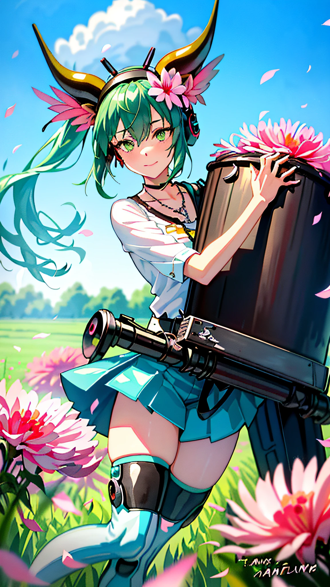 best quality, female, hatsune miku, dog ears, crazy, bob hair, mechanical legs, denim shorts, Baseball helmet, cow horns, looking up, skirt lift, in spring, ((dieselpunk)), ((ink)),(water color),bloom effect,detailed beautiful grassland with petal,flower,butterfly,necklace,smile,petal,(((surrounded by heavy floating petal flow)))