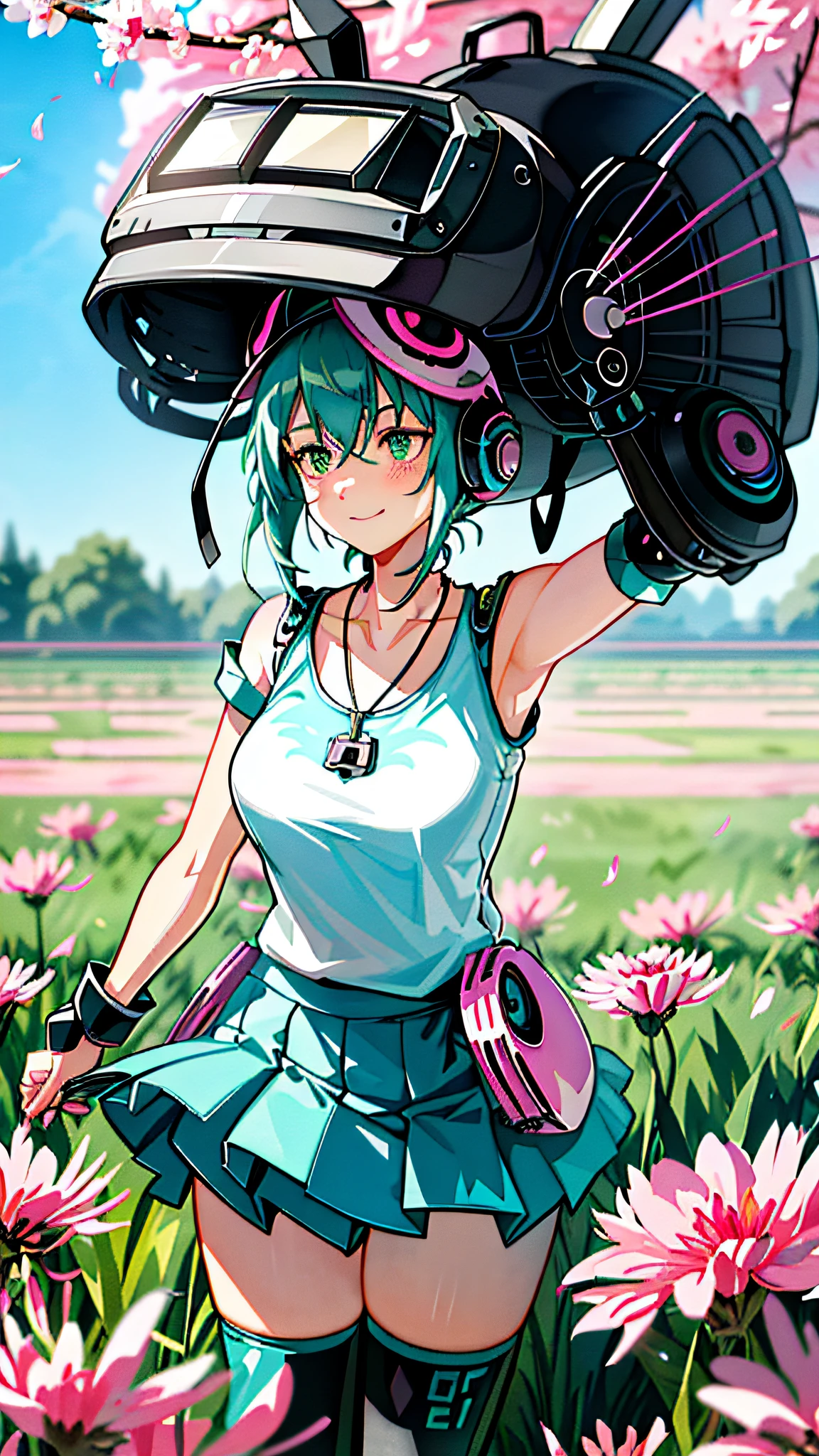 best quality, female, hatsune miku, dog ears, crazy, bob hair, mechanical legs, denim shorts, Baseball helmet, cow horns, looking up, skirt lift, in spring, ((dieselpunk)), ((ink)),(water color),bloom effect,detailed beautiful grassland with petal,flower,butterfly,necklace,smile,petal,(((surrounded by heavy floating petal flow)))