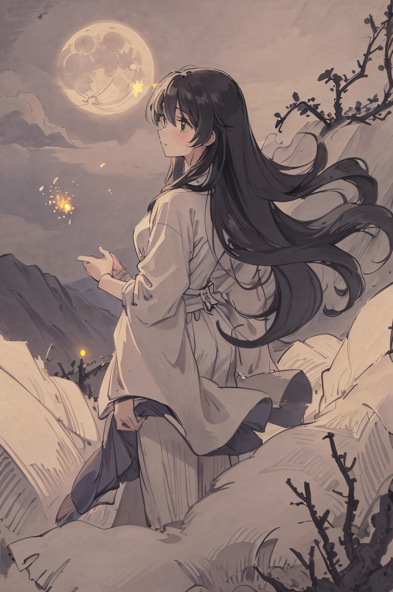 "A breathtakingly beautiful masterpiece of the highest quality featuring a woman with long hair in silhouette against a night sky on a hill with clouds and a full moon. The scene is represented with visible wind and dotted with sparkling fireflies and stars."