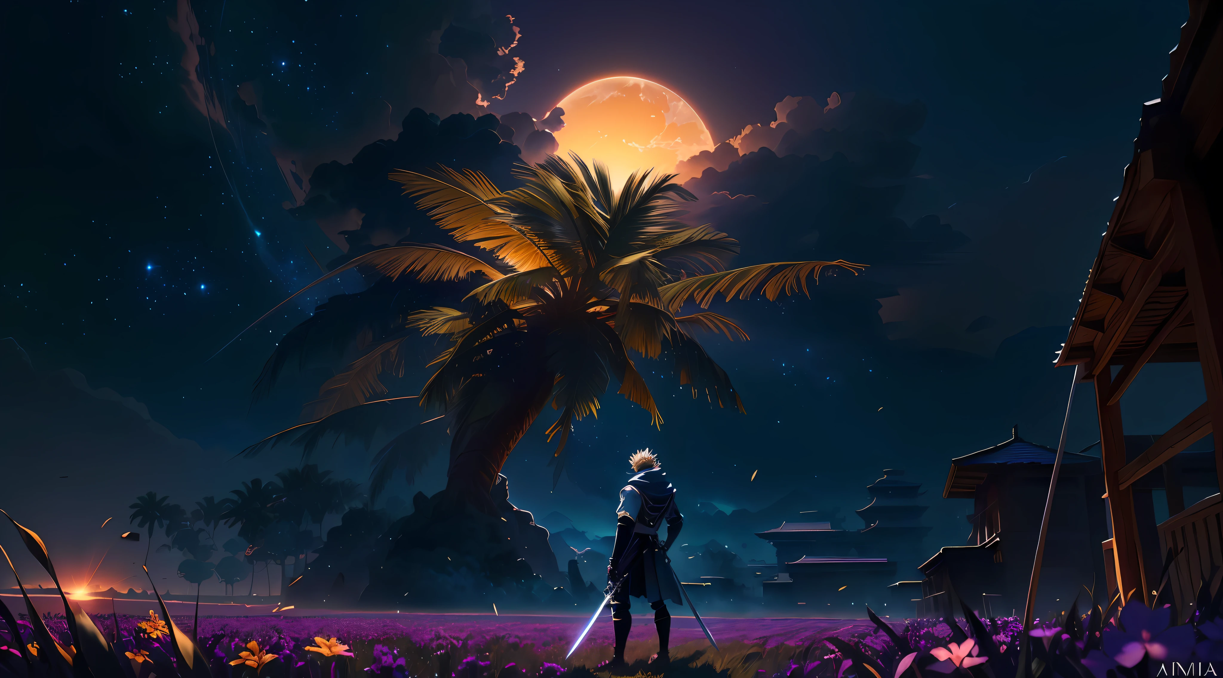 anime - style scene of a man holding a sword and standing in a field with a palm tree, anime art wallpaper 8 k, anime art wallpaper 4 k, anime art wallpaper 4k, 4k highly detailed digital art, 4k anime wallpaper, 4k detailed digital art, 8k hd wallpaper digital art, epic fantasy digital art style, anime wallpaper 4k, anime wallpaper 4 k