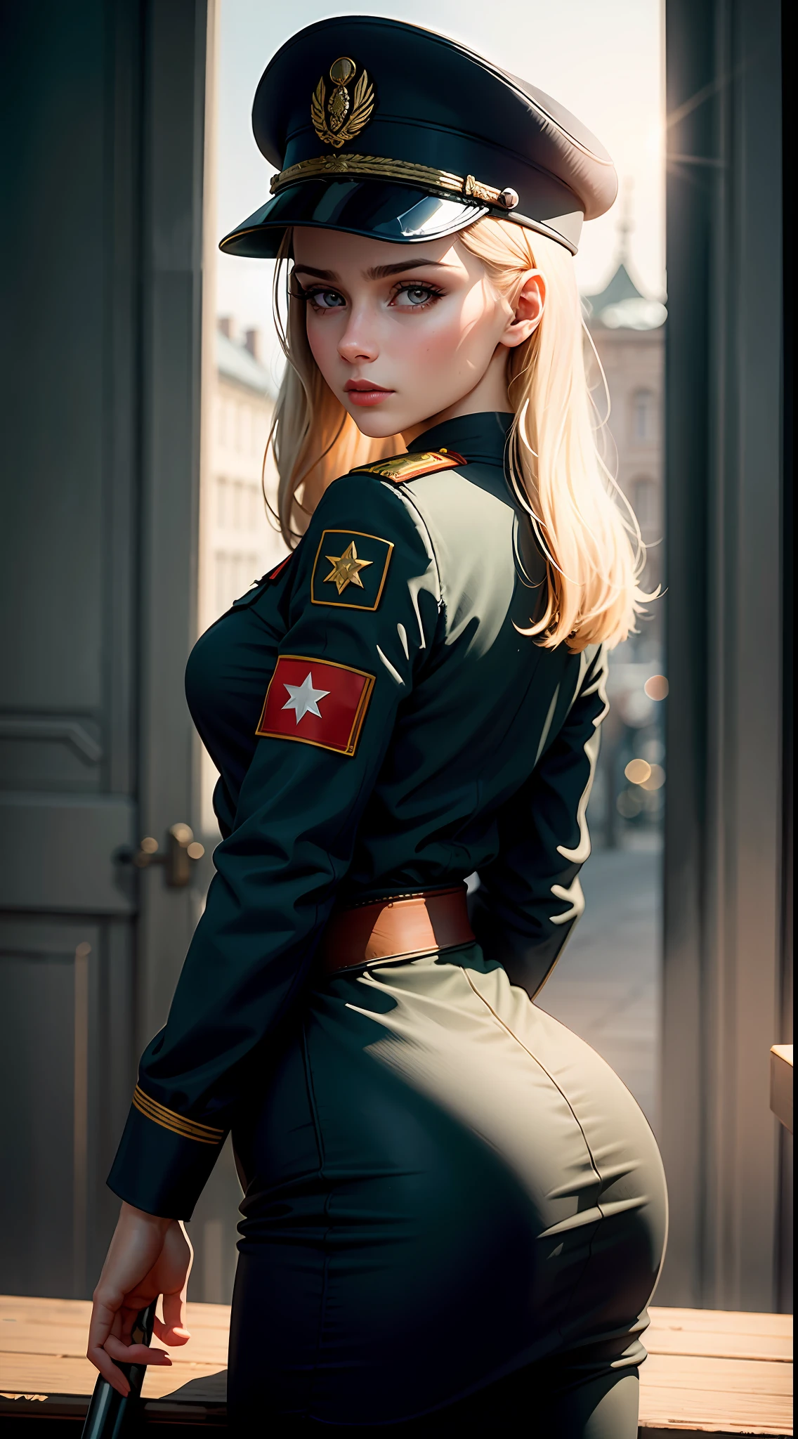 Beautiful Soviet woman, 25 years old, military, cap, uniform, face with determination, long eyelashes, beautiful eyes with brightness, surrealism, shadow, stereogram, (photorealistic, realistic: 1.2), POV, atmospheric perspective, cinematic lighting, ray tracing, 8k, super detail, best quality, masterpiece, well detailed, (Canan EOS R6, 135mm, 1/1250s, f/2.8, ISO 400:0.9), weapons, neckline, back, round ass, USSR, communism