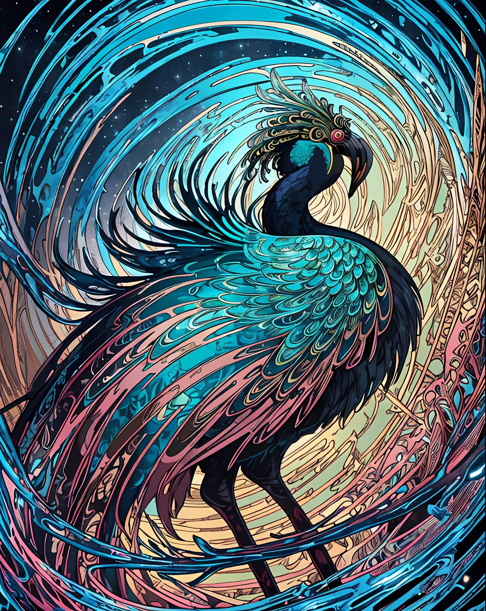 an intricated vista of swirling luminism, ultra highly detailed, detailed acrylic on silk a flamingo peacock by Karol Bak, glittering brooding sky, deep winter, luminous black neon icicles, solstice black moon, blue pine needles, digital enamel painting, exquisitely detailed, filigree, dynamic lively pose, exceptional quality --auto --s2