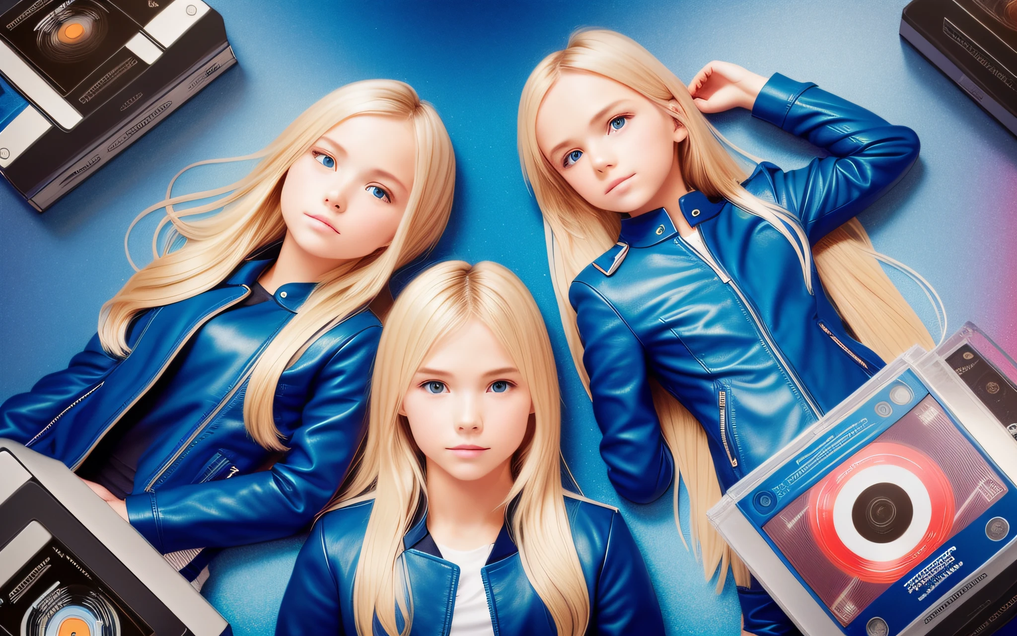 3 BLONDE GIRLS LONG HAIR CHILDREN IN BLUE LEATHER JACKET, A closeup of a CD and a CD box on a table, Packshot, CDs, CD Jacket, DVD Package, Medium Close Shot, Detailed Product Image, Medium Wide Shot, Medium Closeup, Close Medium Shot, New Boards of Canada album cover, soft vinyl, round format,  Boards of Canada album cover, BLU - Ray Transfer 5 K, Fujifilm"