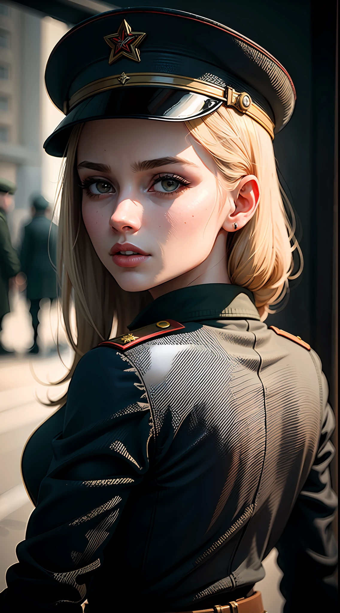Beautiful Soviet woman, 25 years old, military, cap, uniform, face with determination, long eyelashes, beautiful eyes with brightness, surrealism, shadow, stereogram, (photorealistic, realistic: 1.2), POV, atmospheric perspective, cinematic lighting, ray tracing, 8k, super detail, best quality, masterpiece, well detailed, (Canan EOS R6, 135mm, 1/1250s, f/2.8, ISO 400:0.9), weapons, neckline, back, round ass, USSR, communism