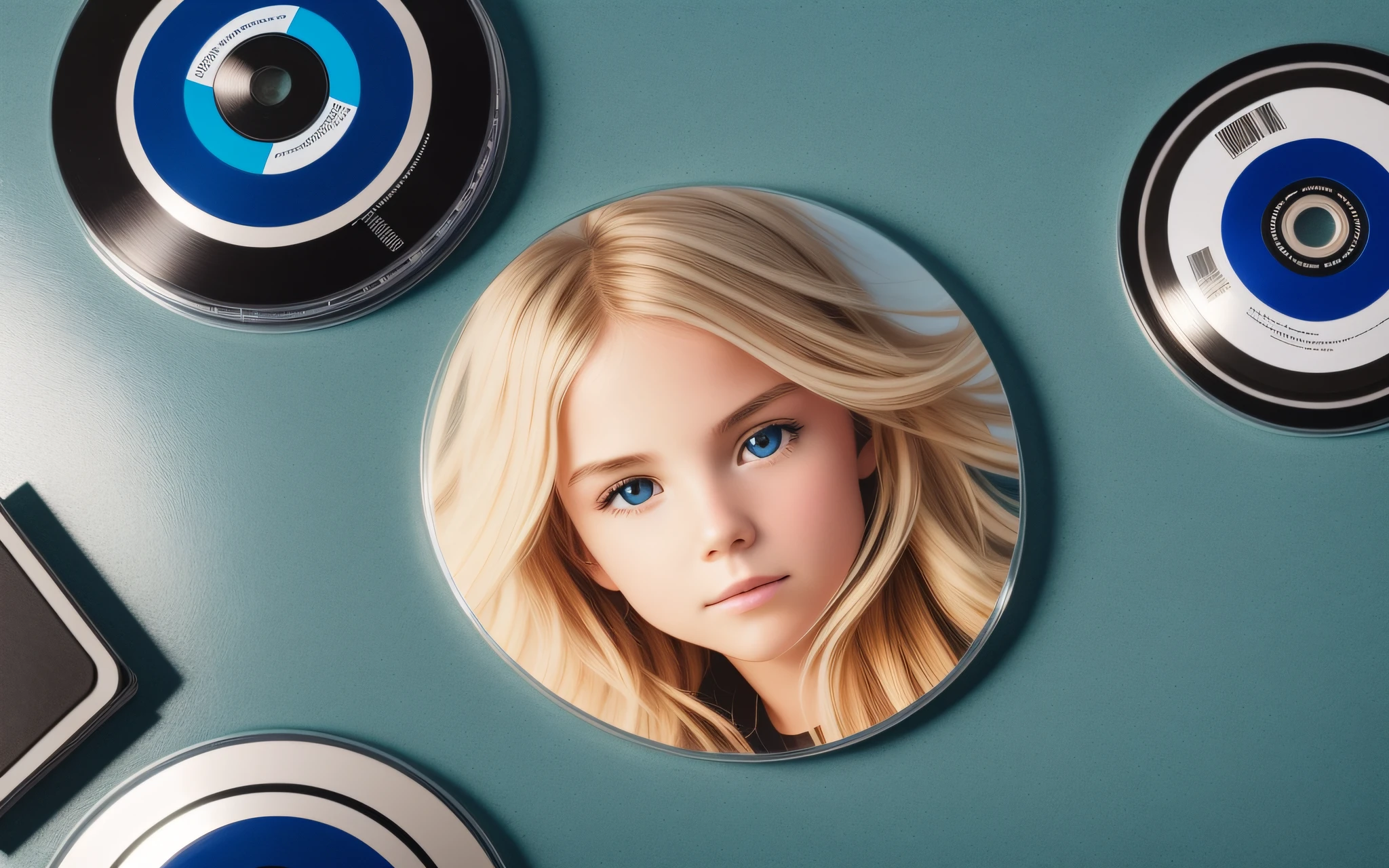 3 BLONDE GIRLS LONG HAIR CHILDREN IN BLUE LEATHER JACKET, A closeup of a CD and a CD box on a table, Packshot, CDs, CD Jacket, DVD Package, Medium Close Shot, Detailed Product Image, Medium Wide Shot, Medium Closeup, Close Medium Shot, New Boards of Canada album cover, soft vinyl, round format, Boards of Canada album cover, BLU - Ray Transfer 5 K, Fujifilm"