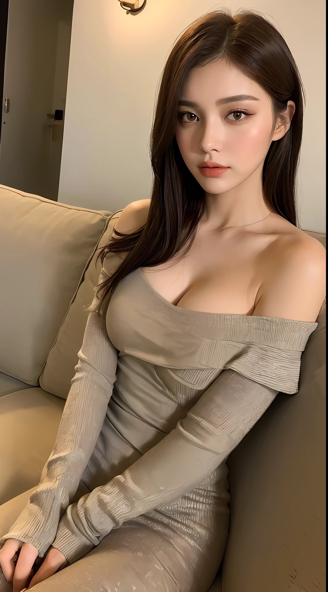 ((Night view, realistic light, best quality, 8k, masterpiece: 1.3)), 1girl, pretty woman with slim figure: 1.4, (brown hair, medium breasts: 1.3), off-the-shoulder cut top: 1.3, sofa, super detailed face, detailed eyes, double eyelids
