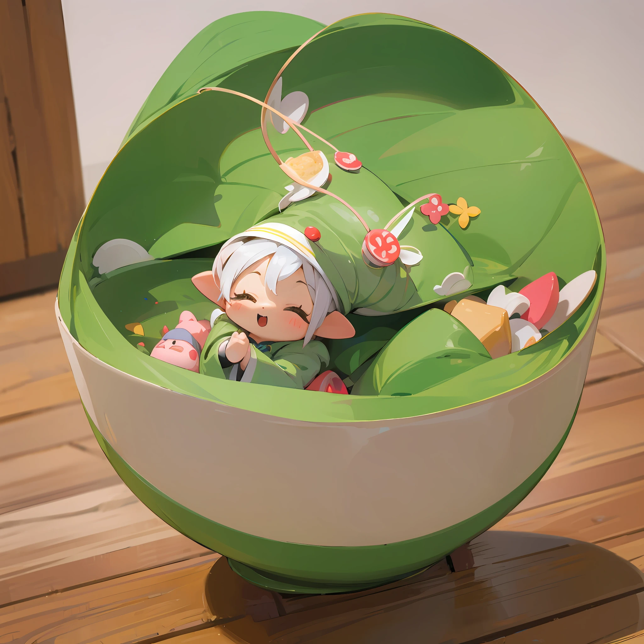 (a small doll with a green triangular hat), (sitting inside a large bowl), cute 3 d render, cute detailed digital art, cute digital art, cute cartoon character, adorable digital painting, cute! c4d, cute character, pop japonisme 3D, (white background), ultra detailed, by Yu Zhiding, 3d model of a japanese mascot, nendoroid 3d, cute forest creature