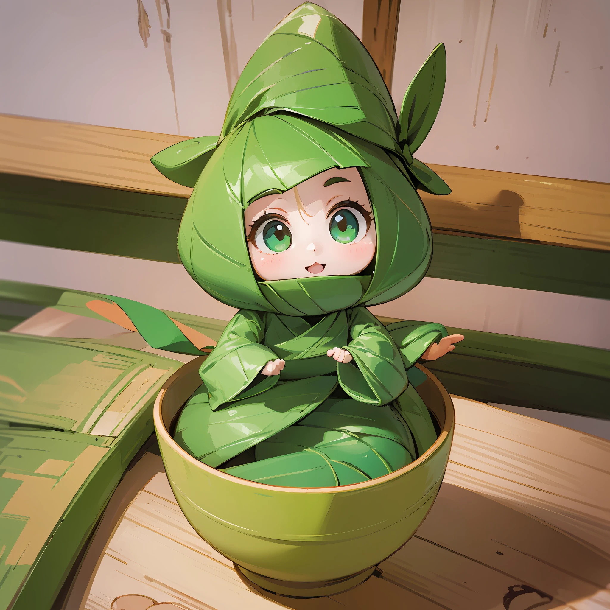 (a small doll with a green triangular hat), (sitting inside a large bowl), cute 3 d render, cute detailed digital art, cute digital art, cute cartoon character, adorable digital painting, cute! c4d, cute character, pop japonisme 3D, (white background), ultra detailed, by Yu Zhiding, 3d model of a japanese mascot, nendoroid 3d, cute forest creature