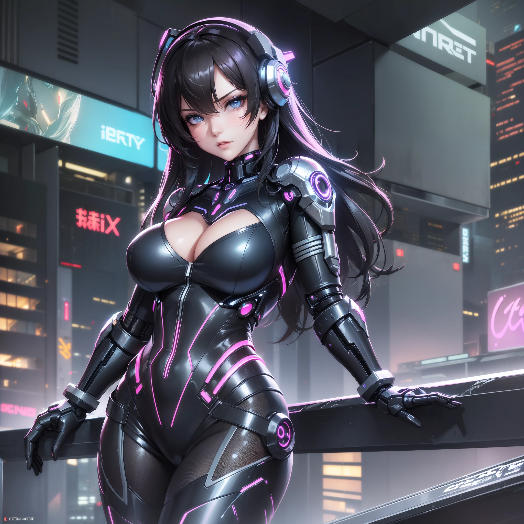 ((a sexy girl with cybernetic suit:1.2)) in a futuristic cityscape, with dramatic pose and confident expression, (lots of smoke+neon lights+reflections).