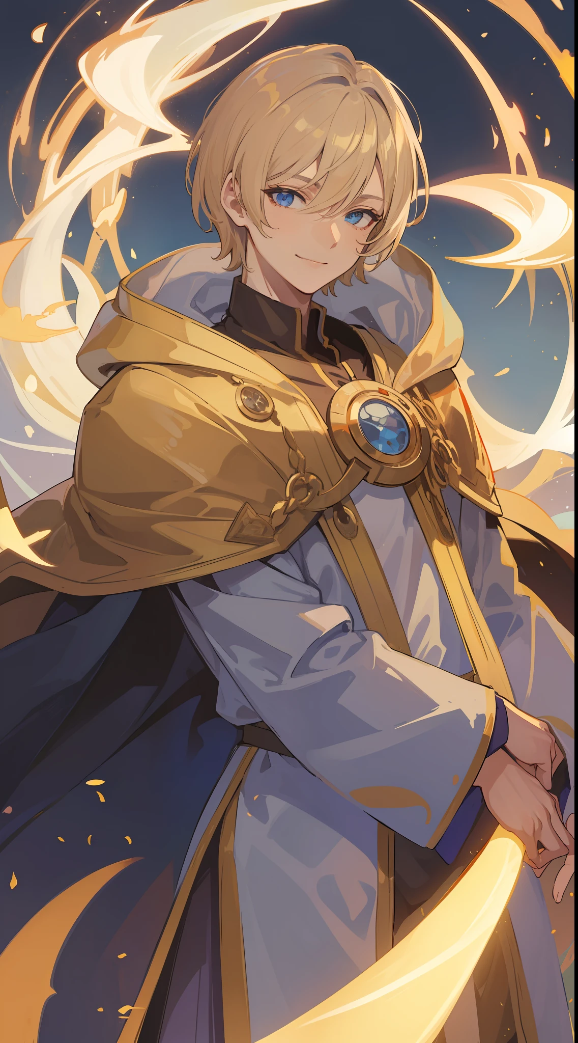 1mysterious man, blue eyes, light-golden short hair and he was wearing the king's robes, he is the Hero ((41 year old face)) ((smile face)