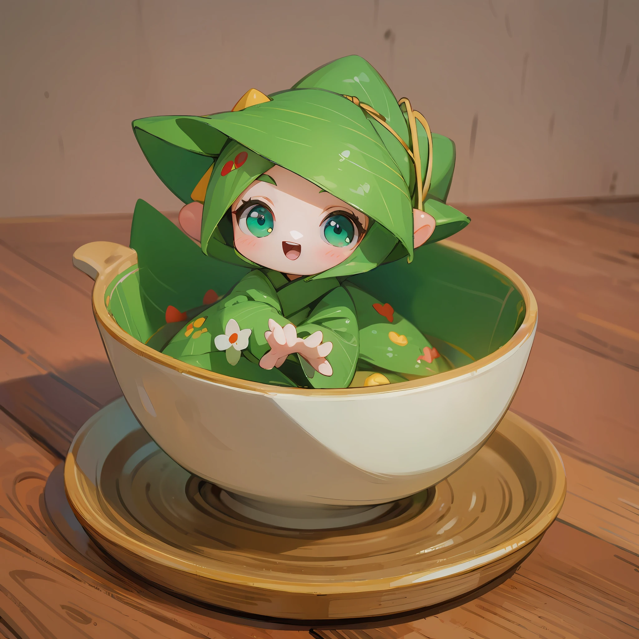 (a small doll with a green triangular hat), (sitting inside a large bowl), cute 3 d render, cute detailed digital art, cute digital art, cute cartoon character, adorable digital painting, cute! c4d, cute character, pop japonisme 3D, (white background), ultra detailed, by Yu Zhiding, 3d model of a japanese mascot, nendoroid 3d, cute forest creature