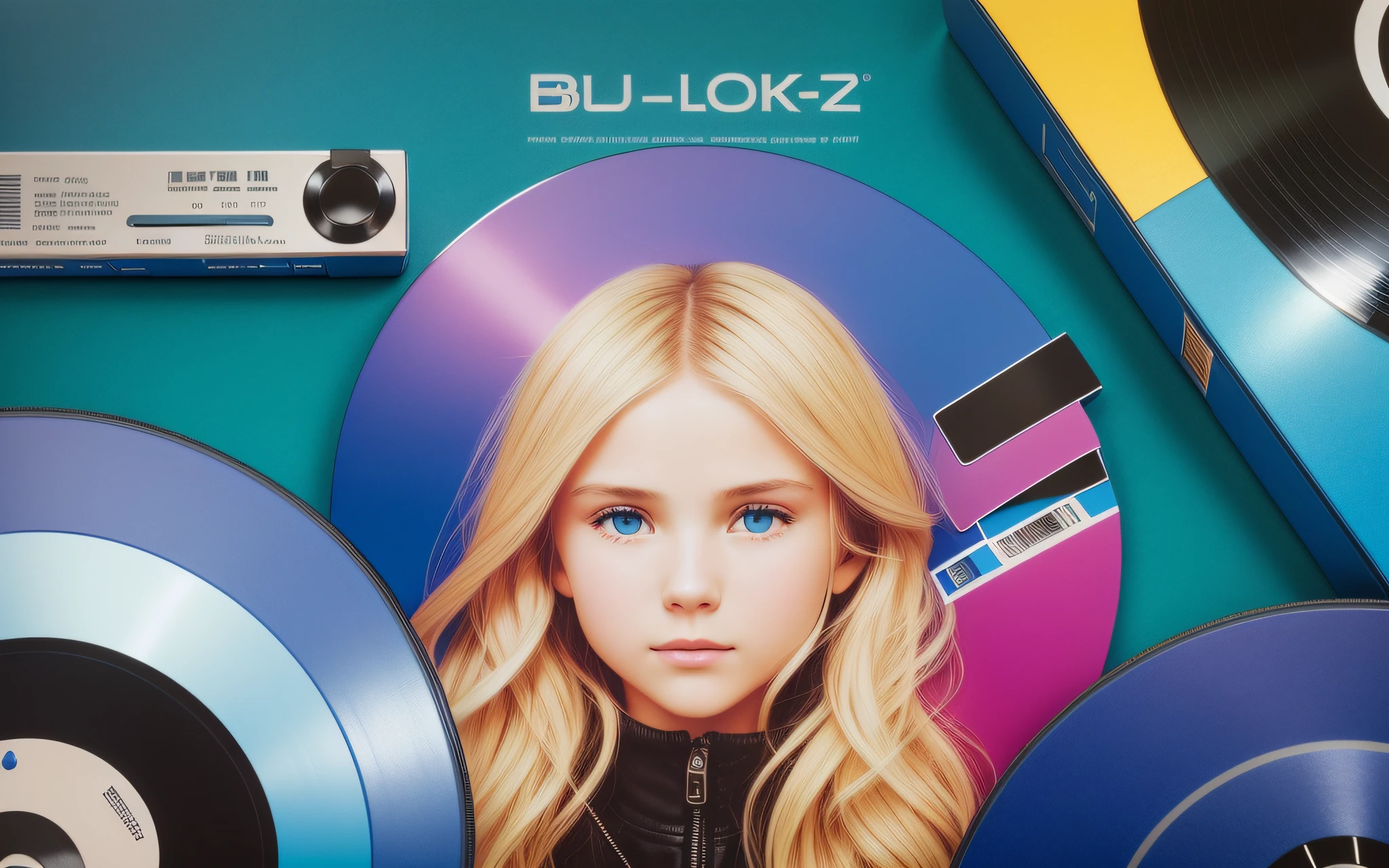 3 BLONDE GIRLS LONG HAIR CHILDREN IN BLUE LEATHER JACKET, A closeup of a CD and a CD box on a table, Packshot, CDs, CD Jacket, DVD Package, Medium Close Shot, Detailed Product Image, Medium Wide Shot, Medium Closeup, Close Medium Shot, New Boards of Canada album cover, soft vinyl, round format, Boards of Canada album cover, BLU - Ray Transfer 5 K, Fujifilm"
