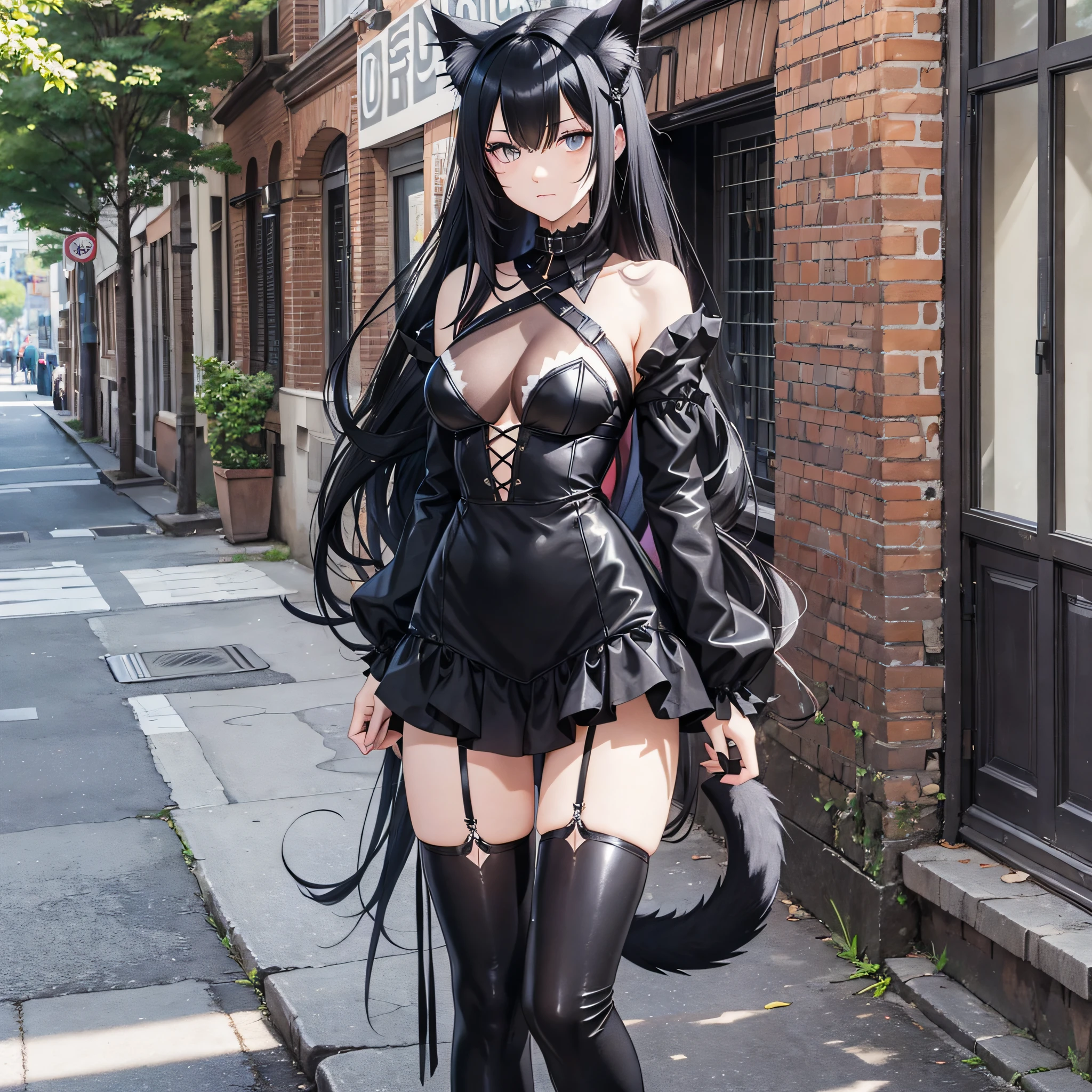 cat girl, goth, black hair, long hair, cat ears, full body, dark eyes, expressionless, tail, full breasts, black minidress, black gloves, bottomless --auto --s2