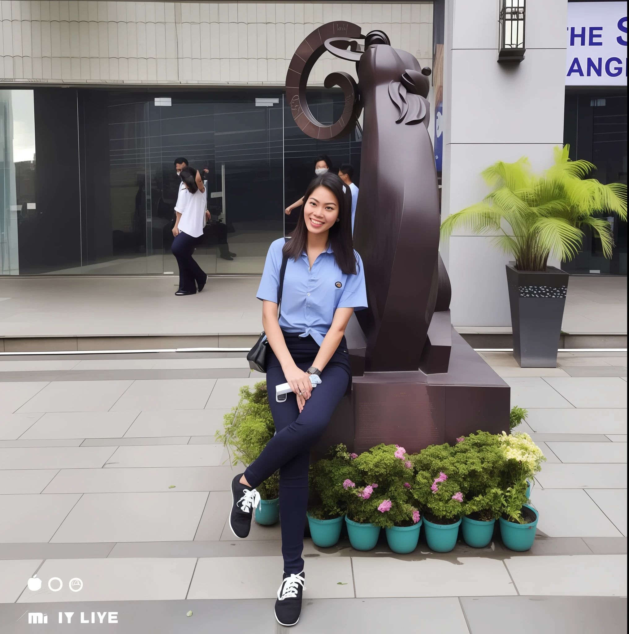 there is a woman sitting on a bench next to a statue, at college, cindy avelino, standing in a city center, in the background, selfie shot straight on angle, in city street, captured on iphone, smooth in _ the background, wearing school uniform, taken with the best dlsr camera, in the city, in a mall, with a cool pose