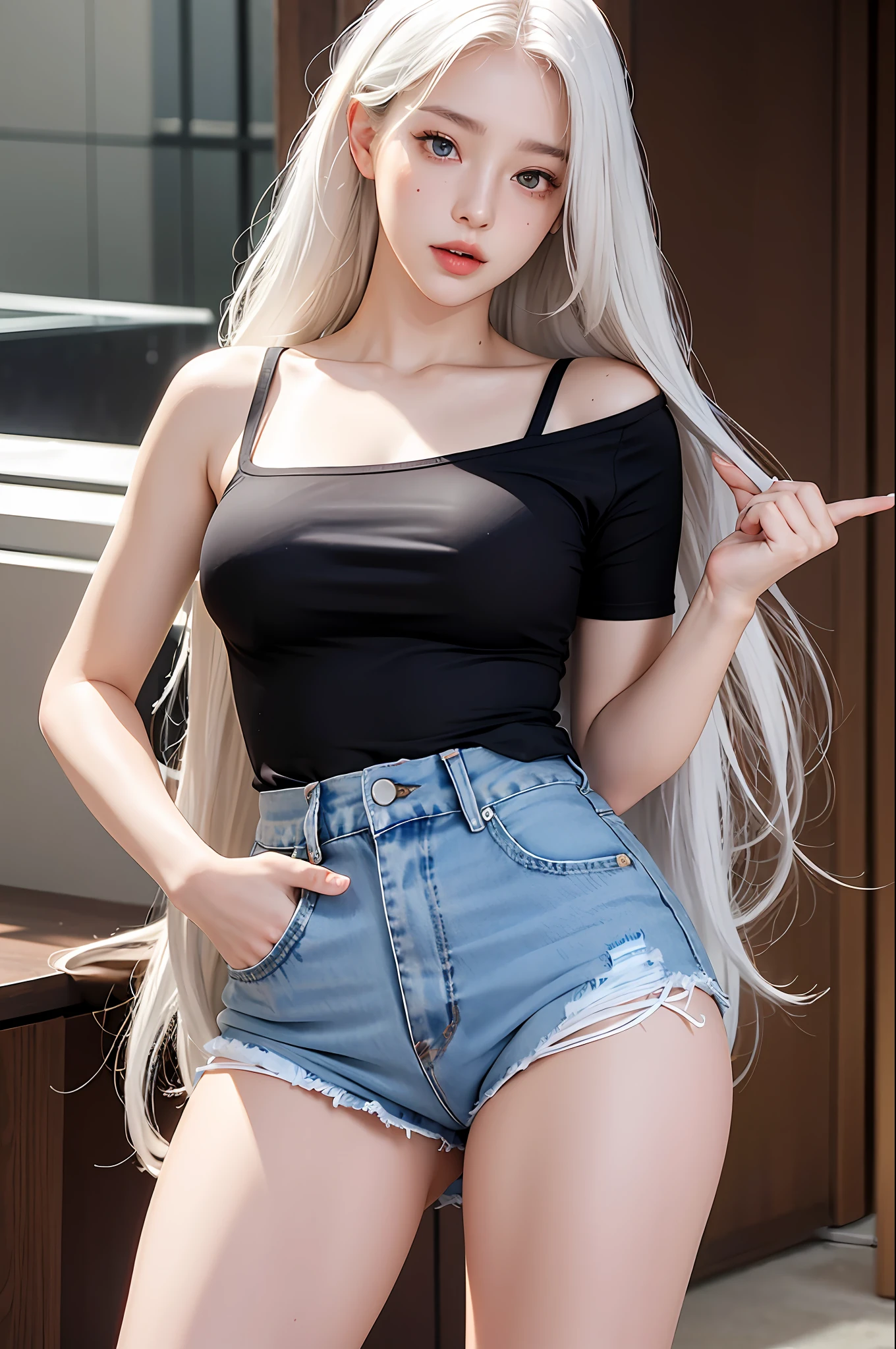 photorealistic, high resolution, 1 girl, white wavy hair, korean, heterochromia eyes, small mole below eye, loose white shirt, tight jean shorts, large breast, large thighs, panty visible
