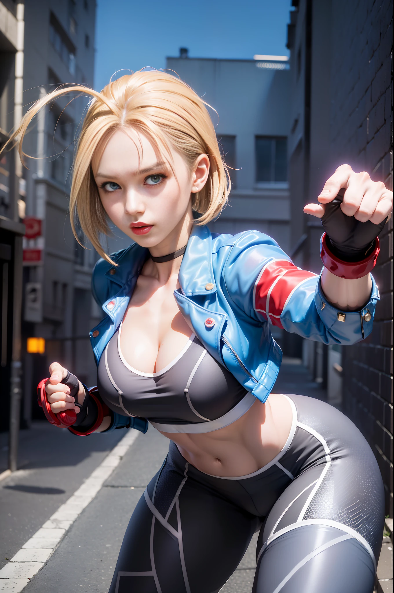 ((Best Quality, 8K, Masterpiece: 1.3)), Sharp Focus: 1.2, Beautiful Woman with Perfect Figure: 1.4, Wet Body: 1.1, Highly Detailed Face and Skin Texture, Detailed Eyes, Double Eyelids, (1girl), (Left Face Scar), (28 years old, Sexy Mature), (Vest Line, Slim Waist, Fitness Figure), (Blue Jacket), (Yoga Pants), (Buttocks), ((Big Blue Eyes, Long Eyelashes)), ((Pout)), ((Firm Nose)), Detailed Face, Best Light, Best Shadow, Edge Light, in London, Ray Tracing, Unreal Engine 5, ((Cammy white, Street Fighter 6, game CG character)), Beautiful shiny hair, (((dark gray tights))), Muscular, Collar, Abs, Big Tits, (Fight sound effect text on screen: Street Fighter 6), Game Fight style street background, Kick and fight action, (Kung Fu Action, Comic Speed Line), ((Cammy White's Street Fighter 6 promotional poster style)), (Leg muscle line), ((Street Fighter 6 title)), neon lights, bustling and lively streets, tall buildings in the distance, at night