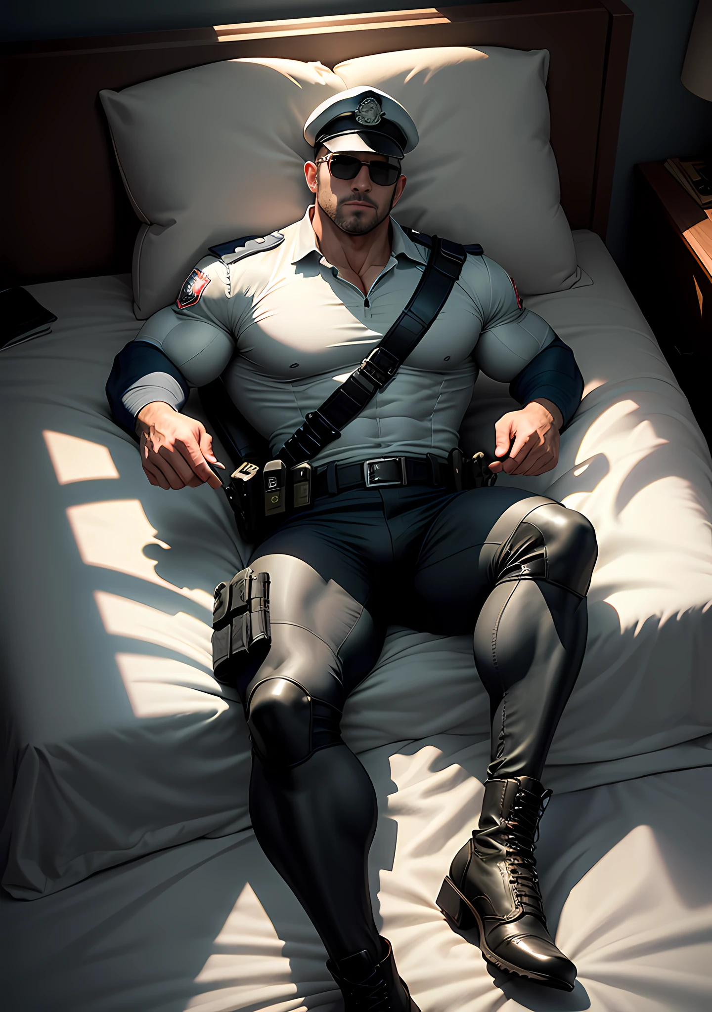 1 senior police officer in a light gray police uniform, his arms are long and thick, wearing sunglasses, lying on a large white and soft bed with warm fluff, wearing a police officer's hat, muscle hero, Buzz Cut, tall, burly, muscular! Tall burly, sneak suit, symmetrical floral texture design thick thermal tights, super buff and cool, high resolution committee, character design (Resident Evil - Chris Redfield), rough big feet, black military boots, attractive strong men, warm and soft lights shining on the body