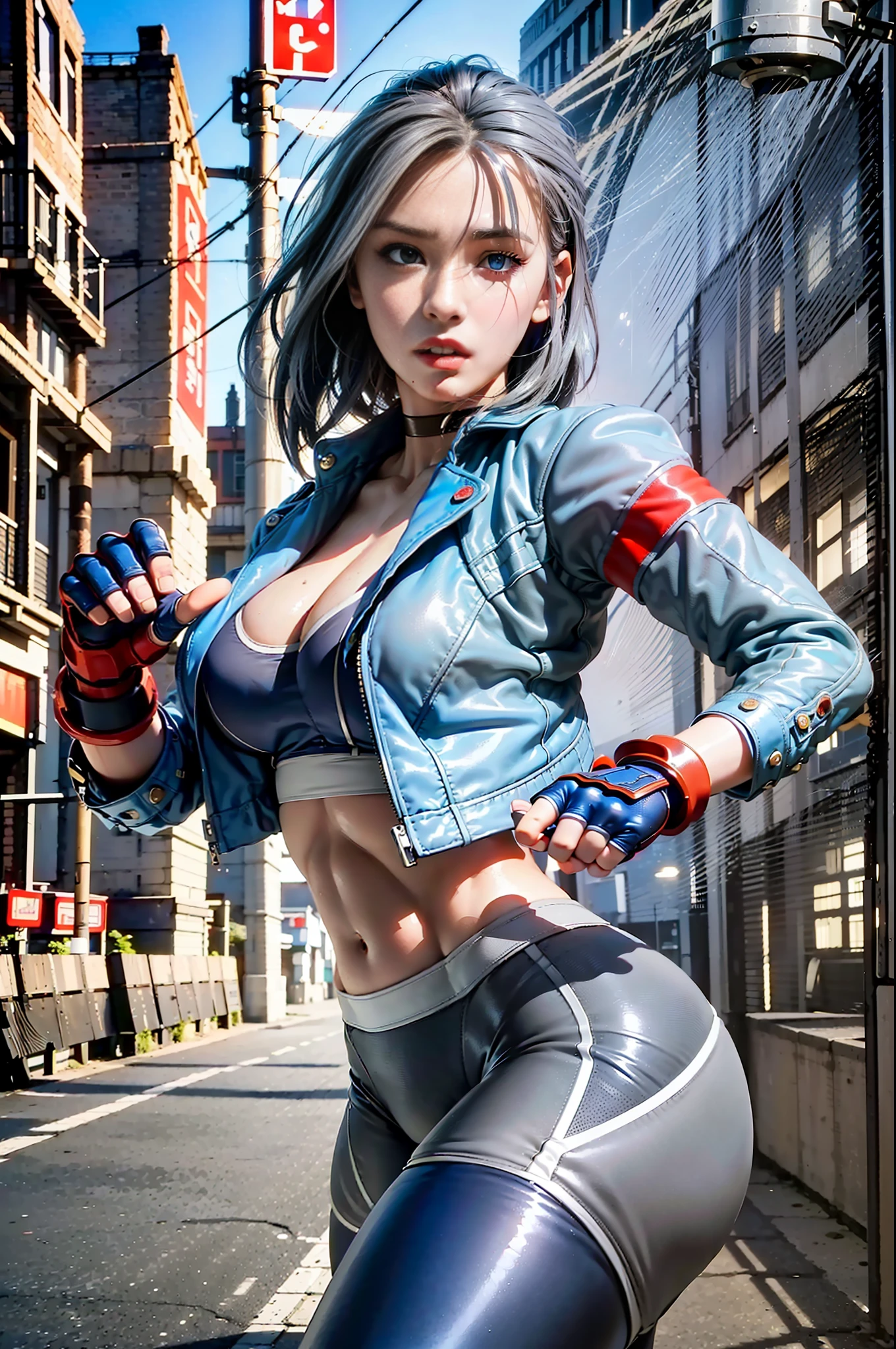 ((Best Quality, 8K, Masterpiece: 1.3)), Sharp Focus: 1.2, Beautiful Woman with Perfect Figure: 1.4, Wet Body: 1.1, Highly Detailed Face and Skin Texture, Detailed Eyes, Double Eyelids, (1girl), (Left Face Scar), (28 years old, Sexy Mature), (Vest Line, Slim Waist, Fitness Figure), (Blue Jacket), (Yoga Pants), (Buttocks), ((Big Blue Eyes, Long Eyelashes)), ((Pout)), ((Firm Nose)), Detailed Face, Best Light, Best Shadow, Edge Light, in London, Ray Tracing, Unreal Engine 5, ((Cammy white, Street Fighter 6, game CG character)), Beautiful shiny hair, (((dark gray tights))), Muscular, Collar, Abs, Big Tits, (Fight sound effect text on screen: Street Fighter 6), Game Fight style street background, Kick and fight action, (Kung Fu Action, Comic Speed Line), ((Cammy White's Street Fighter 6 promotional poster style)), (Leg muscle line), ((Street Fighter 6 title)), neon lights, bustling and lively streets, tall buildings in the distance, at night