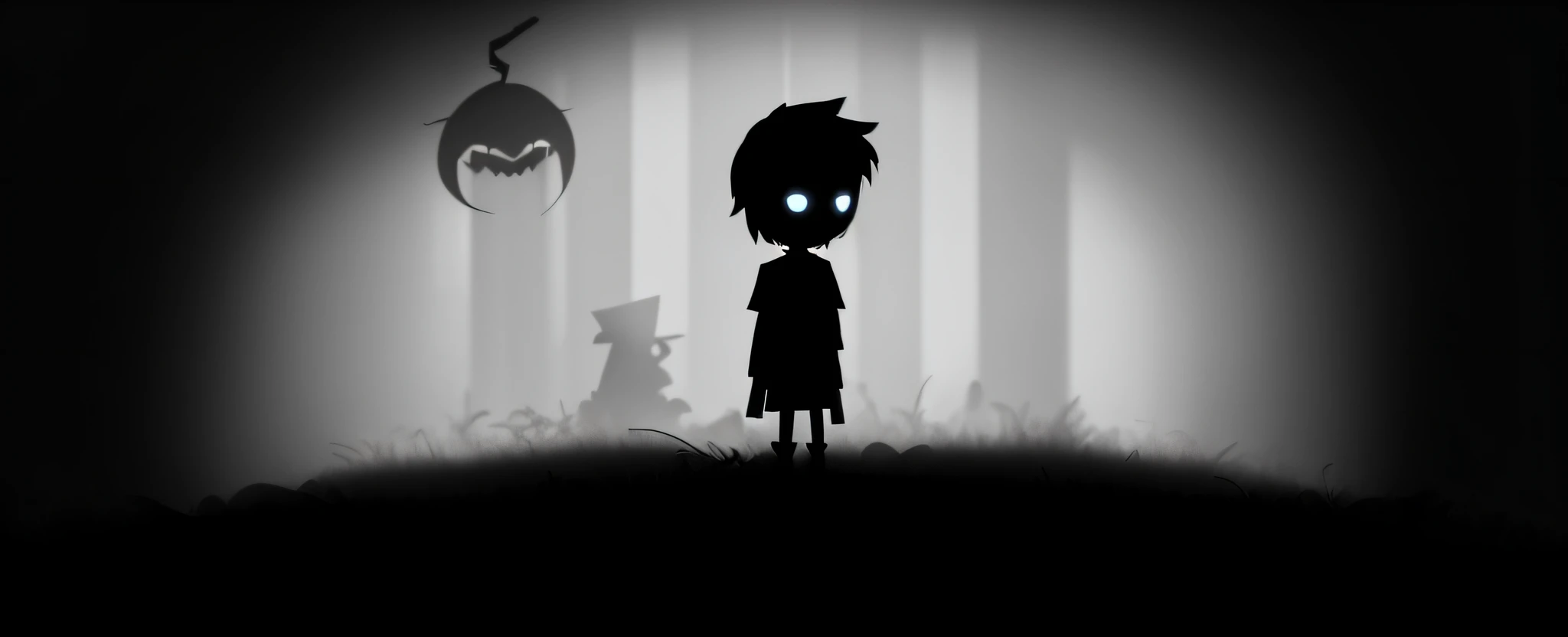 a close up of a person standing in a dark room, limbo game, shadowy and eerie character, dark wallpaper, 2d game fanart, character silhouette, stylized silhouette, 2 d game, side - scrolling 2 d platformer, complete darkness background, inspired by Goro Fujita, limbo, 2 d render, dark fog surrounds him, 2 d platformer