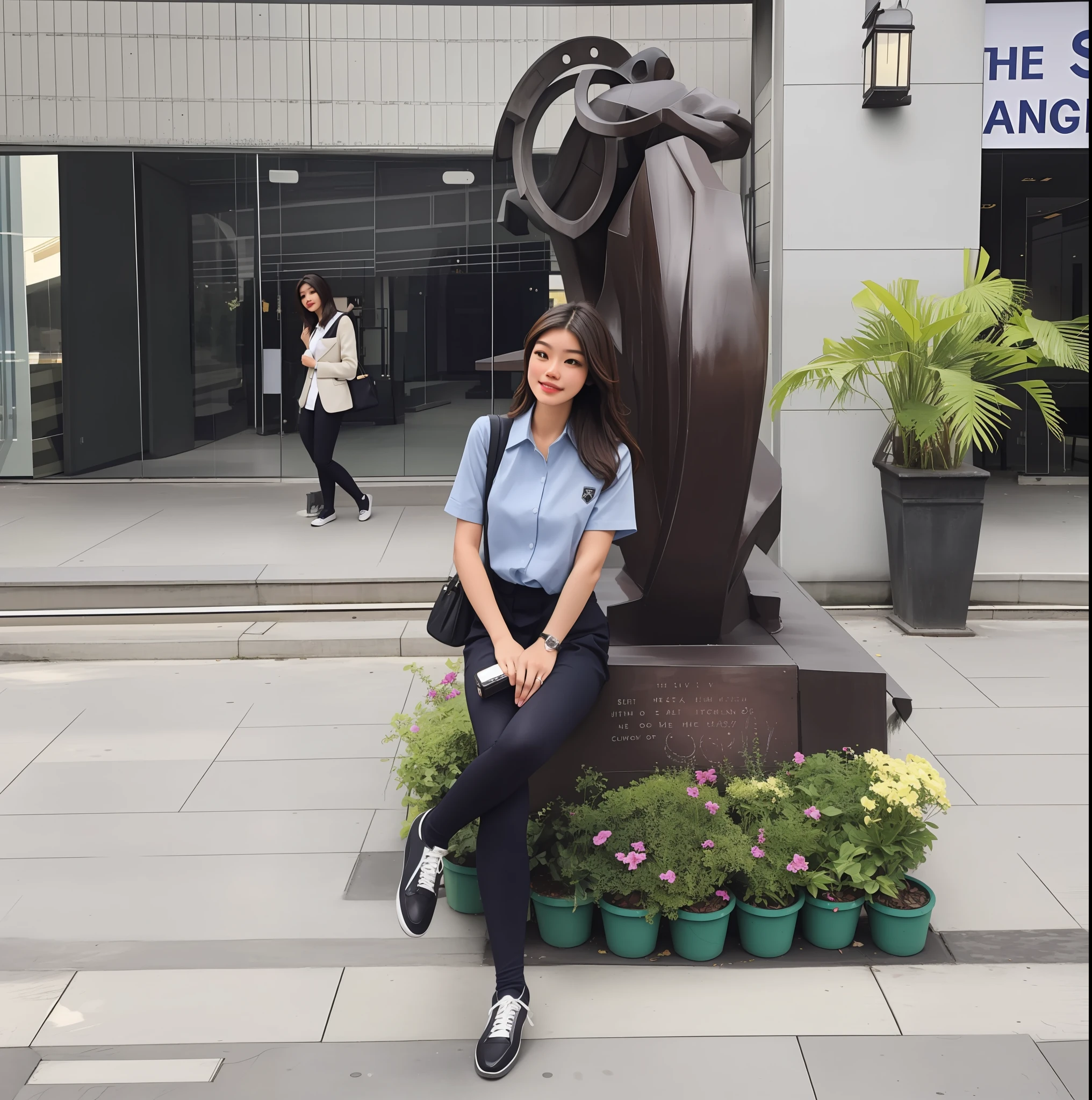 there is a woman sitting on a bench next to a statue, at college, cindy avelino, standing in a city center, in the background, selfie shot straight on angle, in city street, captured on iphone, smooth in _ the background, wearing school uniform, taken with the best dlsr camera, in the city, in a mall, with a cool pose