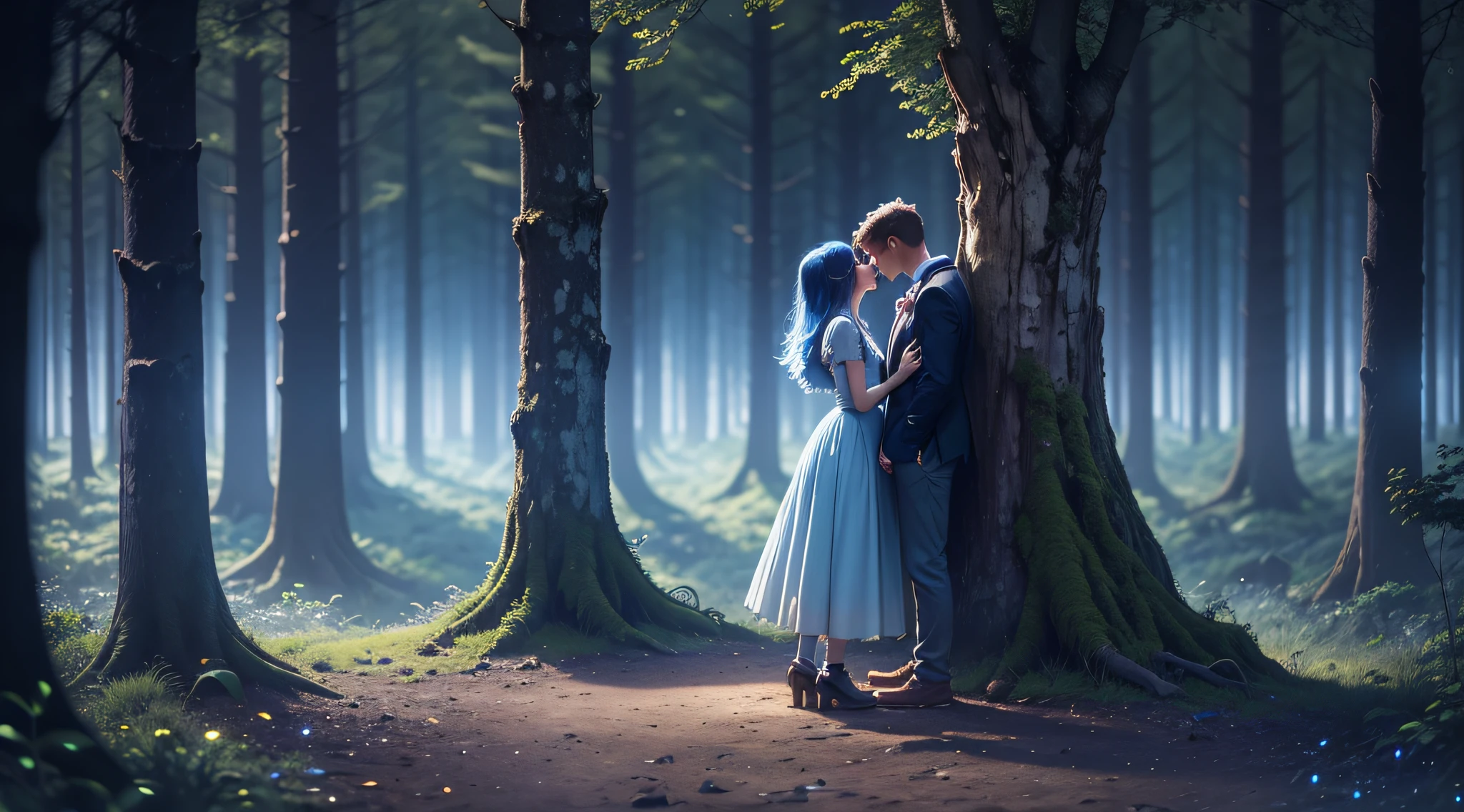 boy and girl kissing, amidst the woods, standing on an ancient rock, perfect body, beautiful face ,night, blue moon, dense forest, ultra high quality, fireflies, magical, mysterious, love, romantic, blue moon, photo realistic, silhouette, ultra hd, fireflies in the background, --auto --s2