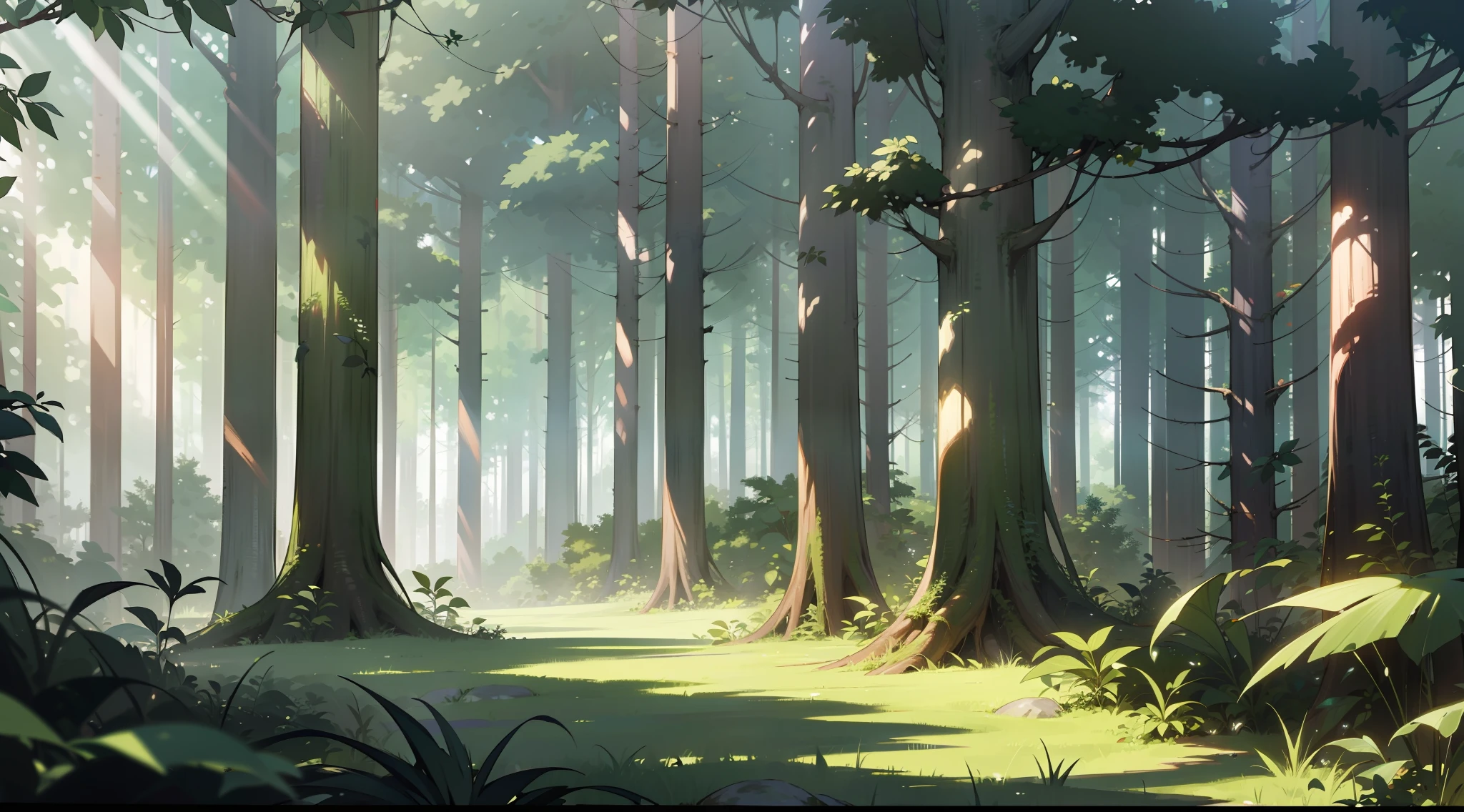 (Masterpiece) Accurate anime 8K Wallpaper of a dense forest, overgrown ground covered in plants, dappled lighting, quiet and empty in the early morning encompassed by plants and foliage, wilderness, tall grass and bushes (Best Quality)