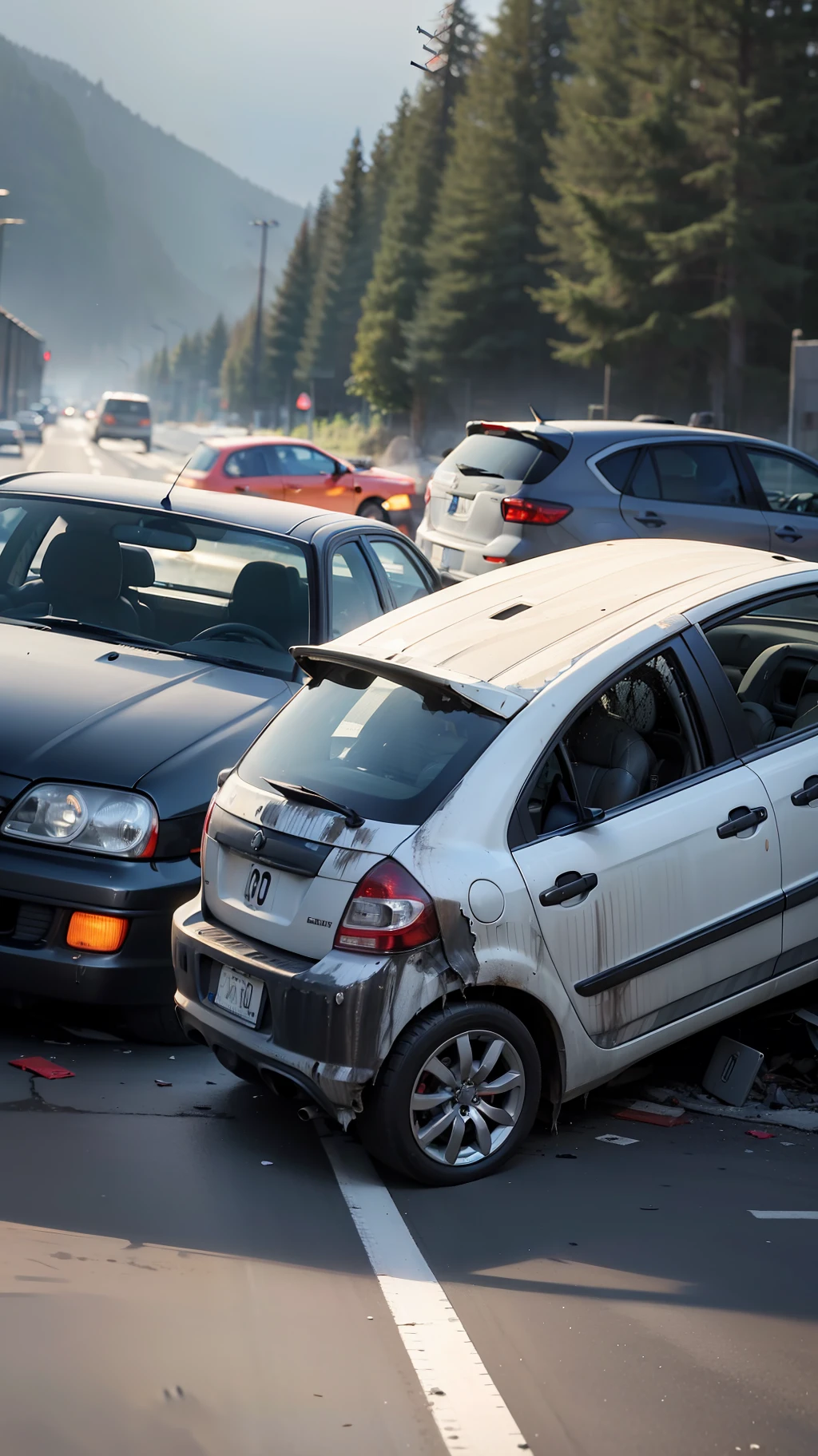 Car assident, crashed cars, crushed cars, crashing cars, collision, traffic assident, dark light, lane, people, smoke, fog, two crashed cars, straight photo, car assident, collision, 2 cars, two cars, daylight, soft light, day scenario, crash frontal collision, broken car, dented cars