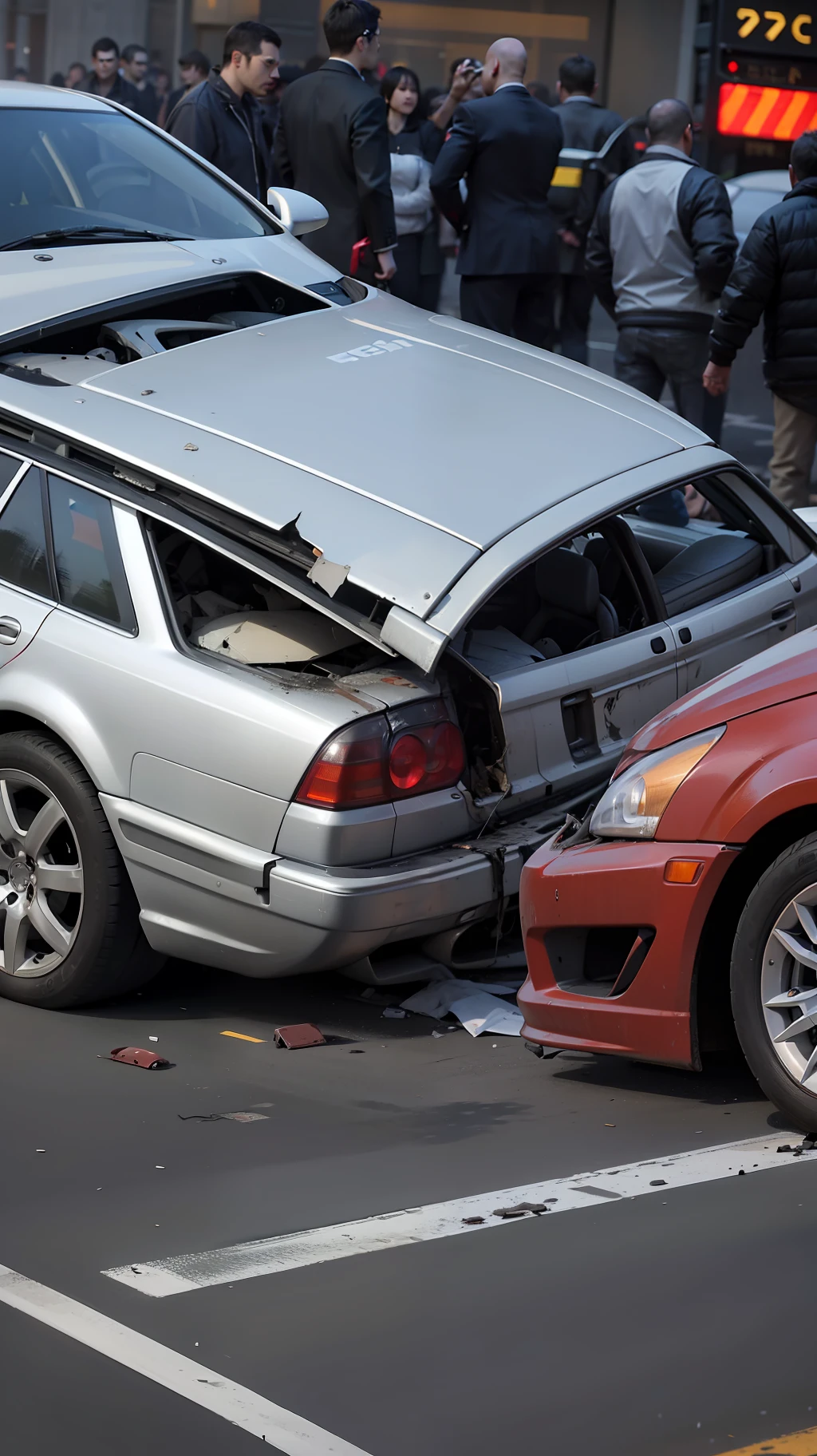 Car assident, crashed cars, crushed cars, crashing cars, collision, traffic assident, dark light, lane, people, smoke, fog, two crashed cars, straight photo, car assident, collision, 2 cars, two cars, daylight, soft light, day scenario, crash frontal collision, broken car, dented cars