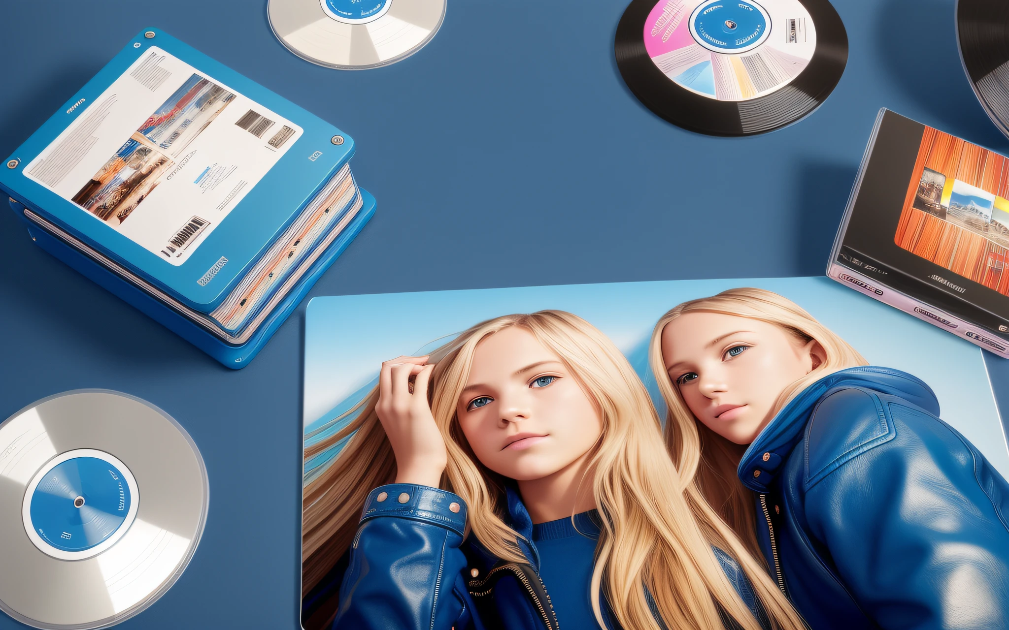 3 BLONDE GIRLS LONG HAIR CHILDREN IN BLUE LEATHER JACKET, A closeup of a CD and a CD box on a table, Packshot, CDs, CD Jacket, DVD Package, Medium Close Shot, Detailed Product Image, Medium Wide Shot, Medium Closeup, Close Medium Shot, New Boards of Canada album cover, soft vinyl, round format,  Boards of Canada album cover, BLU - Ray Transfer 5 K, Fujifilm"