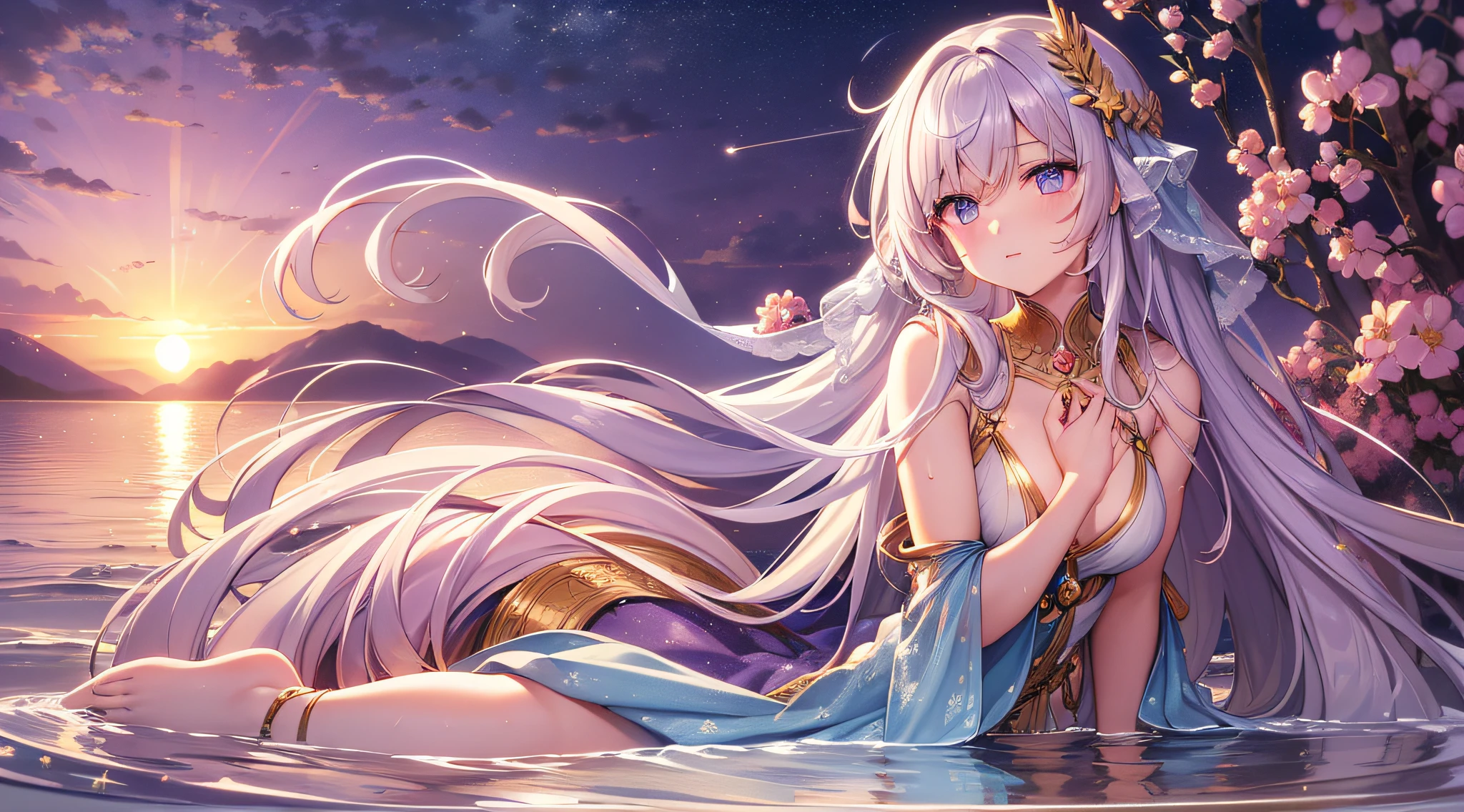 {{{masterpiece}}}, {{best quality}}, {{super fine illustration}}, {{beautiful and delicate water}}, {{beautiful and detailed eyes}, {very detailed light}, {perfect and delicate limbs}, {nature}, {painting}, {water bloom}, {delicate glow}, {{very fine 8KCG wallpaper}}, lavender eyes, peach pink pupils, whole body, white hair, luminous eyes, an extremely delicate and beautiful girl, (1 girl), medium chest circumference, dynamic angle, (Violet dress with gold decoration), (long hair floating everywhere), (beautiful hair decoration), (delicate wet dress), (breeze), long hair blown up, ((messy hair style)), (long bangs between eyes), wrinkled skirt, Flowers meadow, near the water edge, (((sunset)), (less stars form a circle), randomly distributed clouds, (rivers), (willows with branches falling into the water)