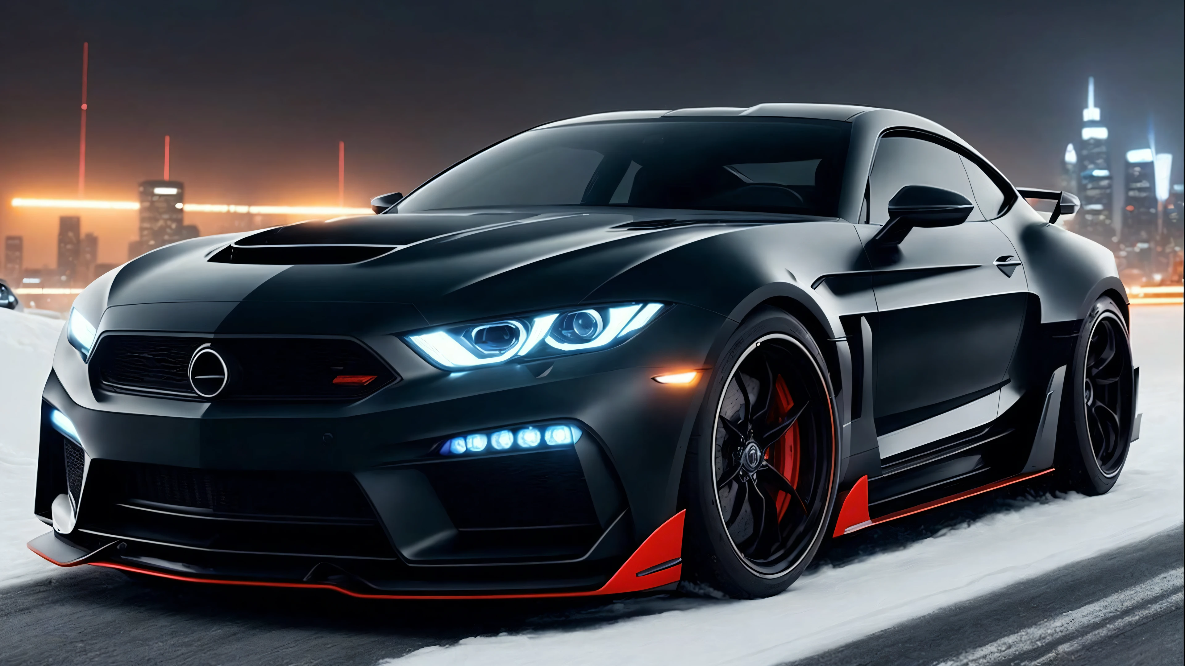 a sportscar sedan from future, detailed body, beautiful detailed face, symmetrical eyes, LBWORKS body kit, at night through a snow-covered metropolis among cars, there are a lot of people and cars on the roads around, fantastic clouds in the black sky, night, intricate details, dramatic