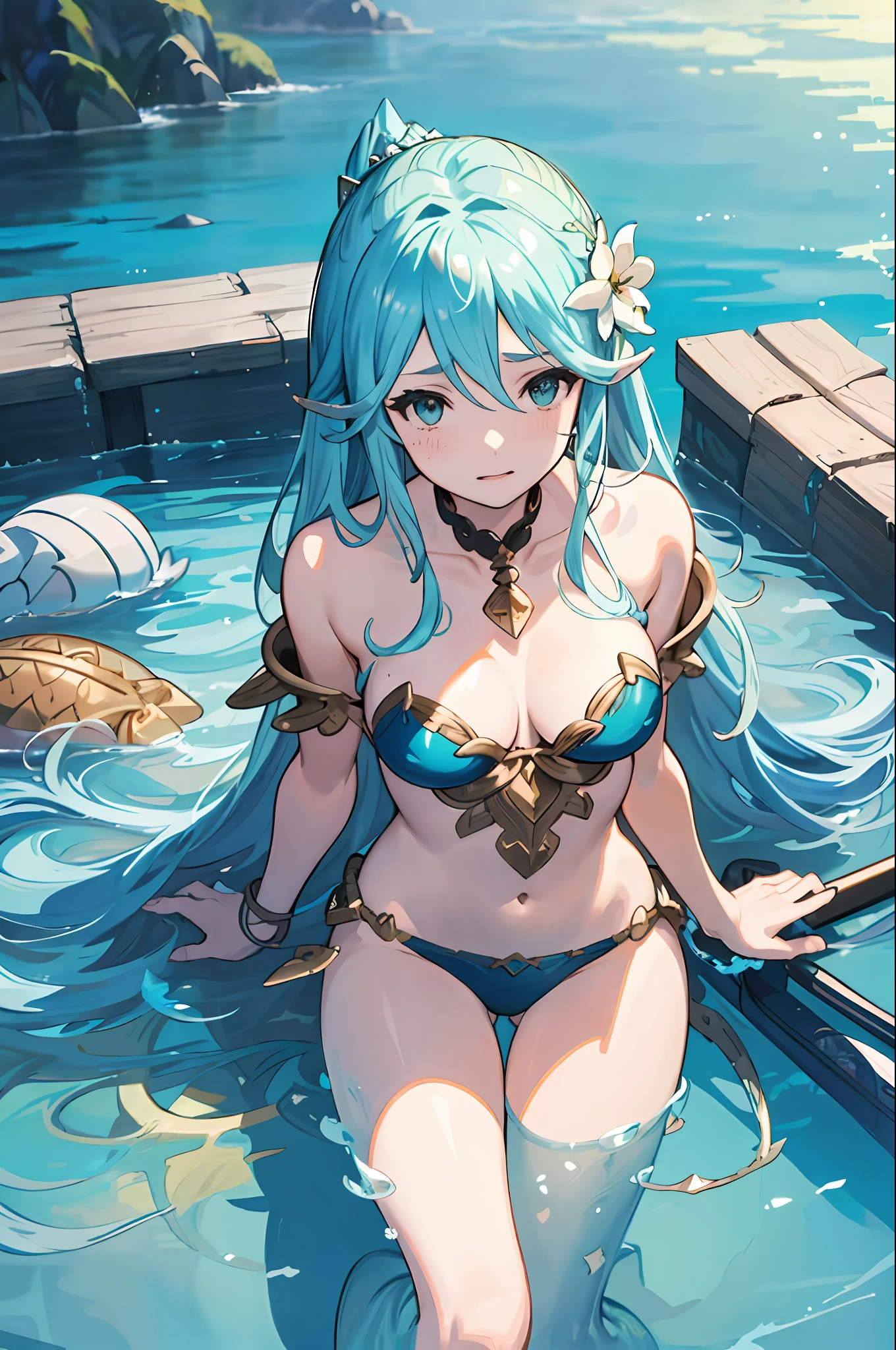 a woman in a bikini top is holding a sword and a fish, high detailed official artwork, goddess of the ocean, granblue fantasy, goddess of the sea, official artwork, water fairy, nautical siren, from bravely default ii, official art, goddess of summer, beautiful mermaid, mystical atlantean valkyrie, splash art anime