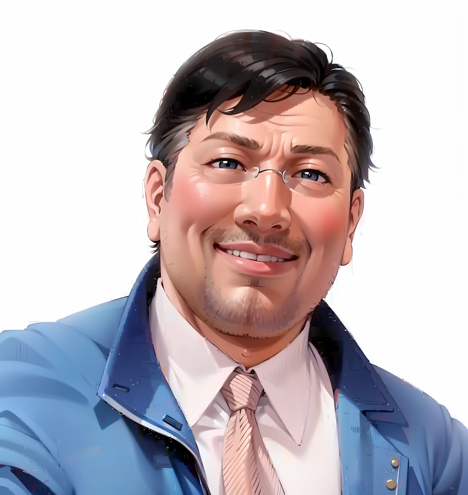 (Masterpiece), (Best Quality: 1.0), (Super High Resolution: 1.0), Detailed Illustration, 8K, 1Boy, Anime Boy, Chubby, Fat, Blue Suit Wearing, Smile, Detailed Face, Perfect Face, Anime Eyes, Silver Thin Frame Glasses, Detailed Eyes, Black Eyes, Glare, Detailed Hair, Short Black Hair, Hair Highlights, Very Detailed, Anime Style, Soft Light