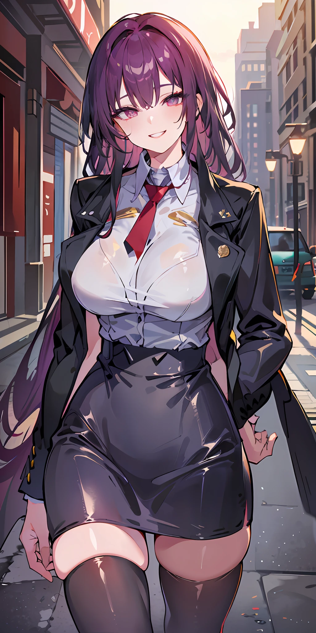 (Masterpiece: 1.6, Best Quality), (Fine and Beautiful Eyes: 1.2), (Overhead), High Quality, Beautiful Face, 1girl, Leather Tight Skirt, Oversized Leather Jacket, Big Tits, Long Hair, Wide Hips, (Landscaped, ), Street, Background, Detailed Background, Spooky Grin, Angled Laughter at the Corners of the Mouth, Long Coat, Shirt, Tie, Office Lady, Mature Woman, Eyewear on Head, Sunglasses