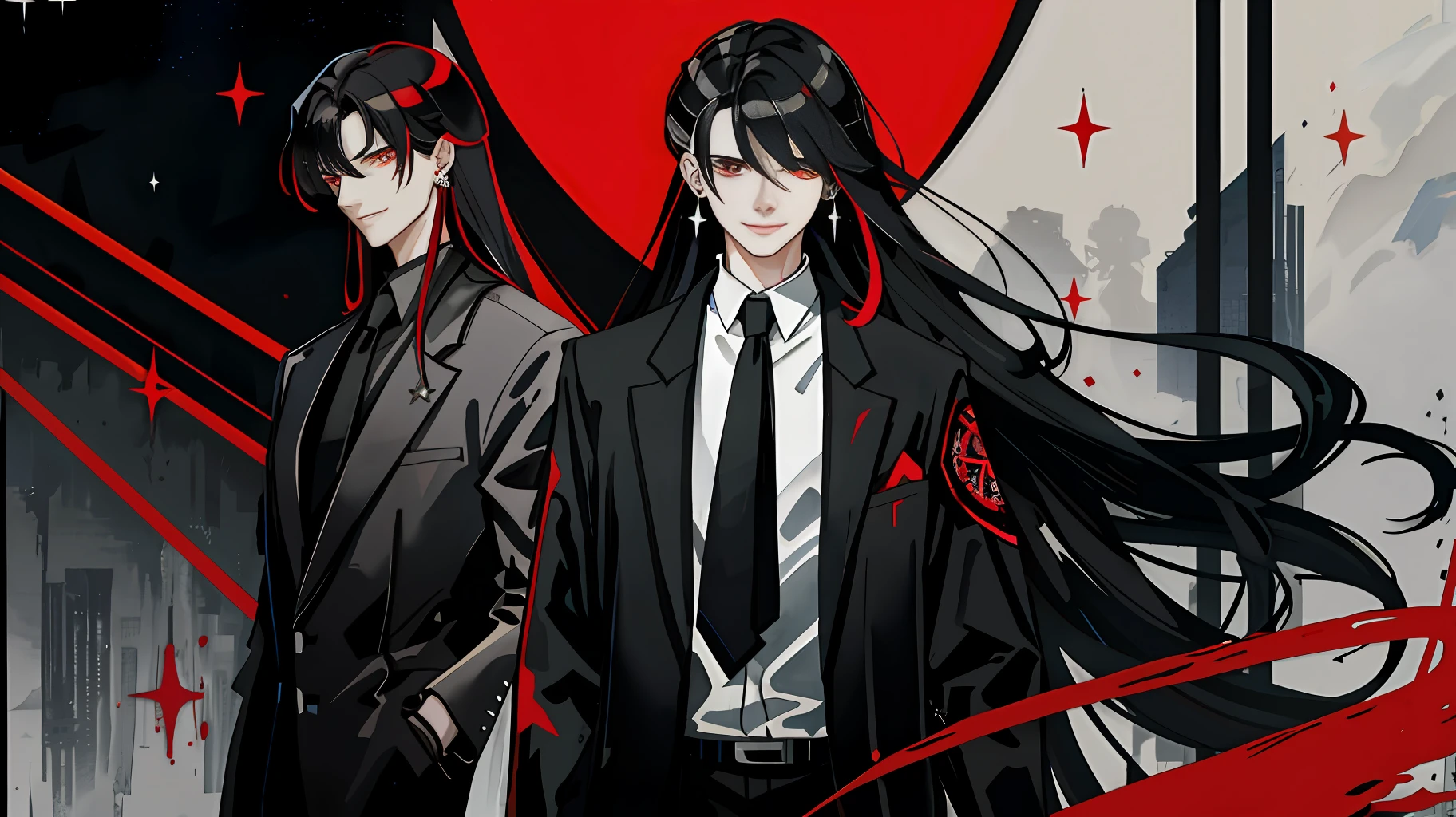 Modern architecture, red eyes, black hair, bangs, cold eyes, sides, long straight hair, splashed blood, smile, murderer, backlight, starry sky, European corridor, handsome clothes, star earrings