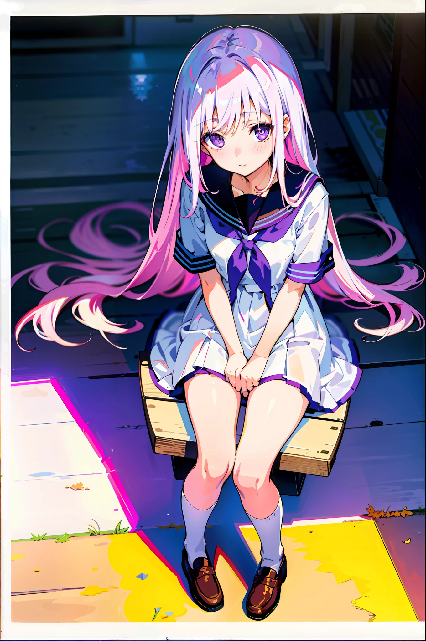 Best Quality, Single Girl, Warm Day Light, Colorful Hair, Cute, Anime, Sheer White Skin, Asian Girl, Full Body, Gentle Eyes, Shy Face, Girl, Summer Uniform, Radiant, Purple Eyes, Quiet Child, High Contrast